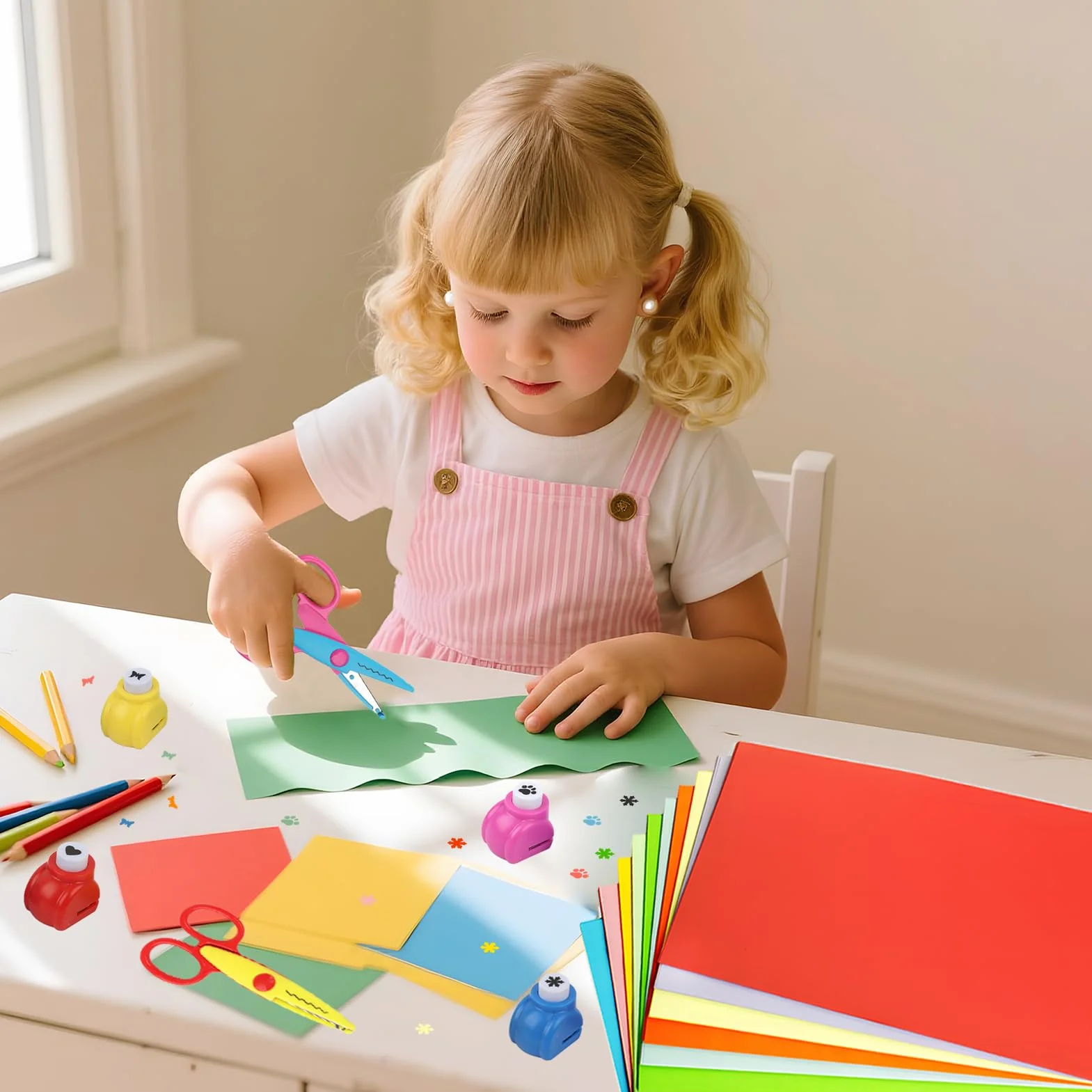 Ciseaux de Bricolage pour Enfants Lot de 6 avec Perforatrices, Formes de Coupe, Sécurité Crèche DIY