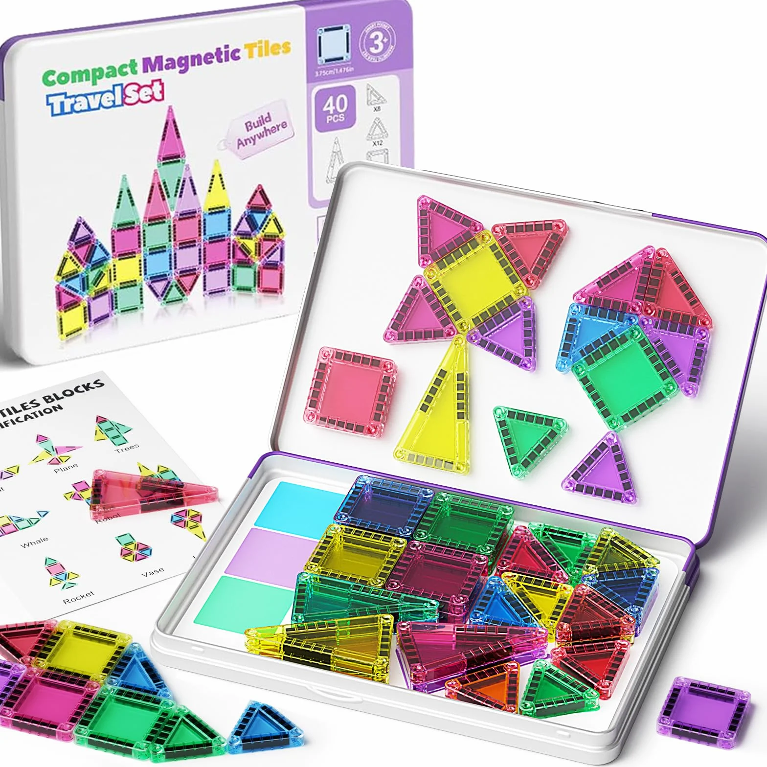 Blocs Magnétiques de Voyage 40 Pièces - Mini Tuiles Magnétiques Jouets STEM Montessori pour Enfants 3 Ans et Plus