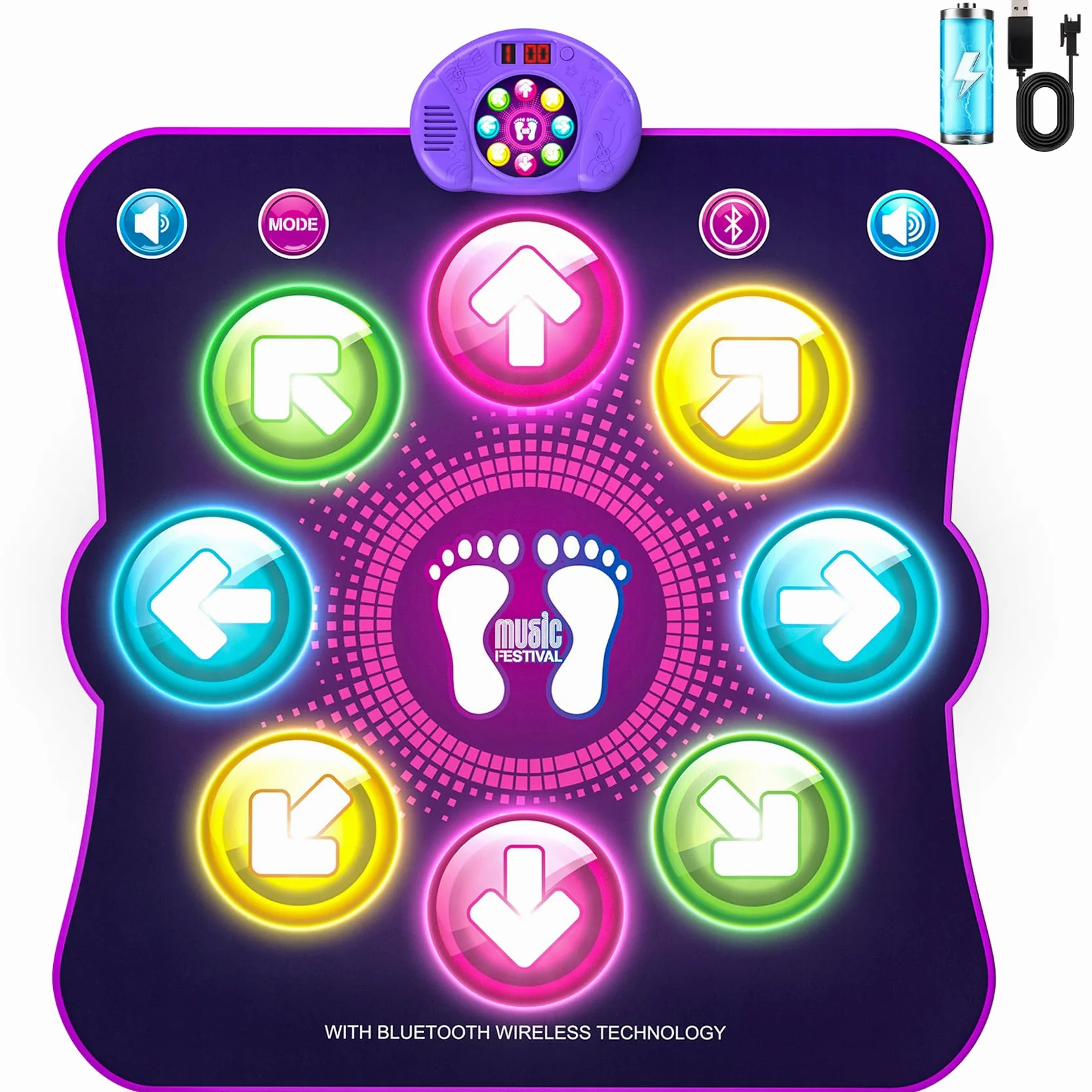 Tapis de Danse pour Enfants LED Musique 8 Flèches Lumière 6 Modes de Jeu Batterie Cadeau Noël 3-12 Ans