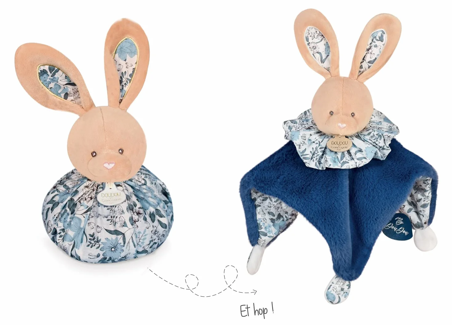 Doudou et Compagnie Peluche Boule Lapin 3 en 1 25 cm Bleu Blanc