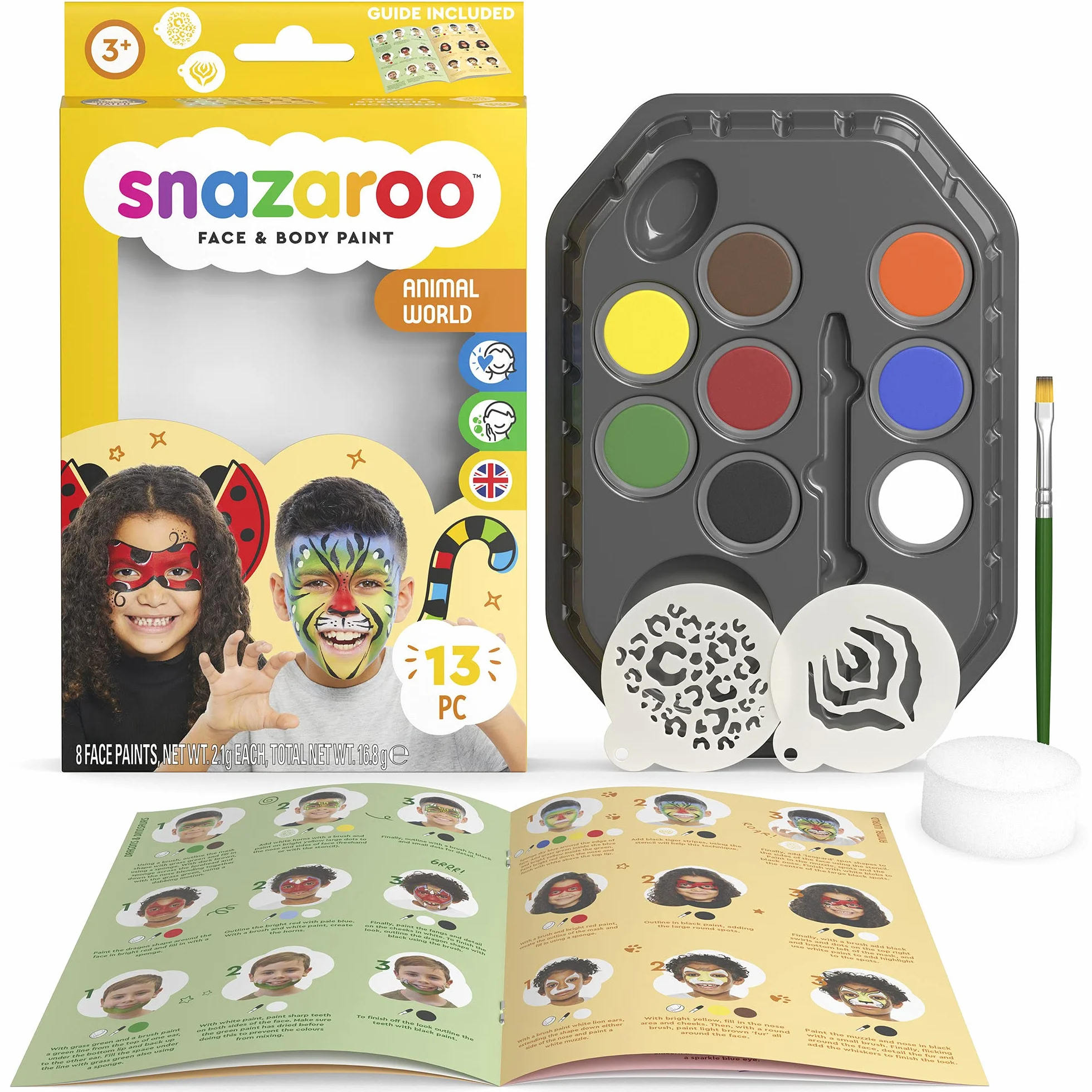 Snazaroo Animal World Palette de peinture visage 8 couleurs à base d'eau lavable