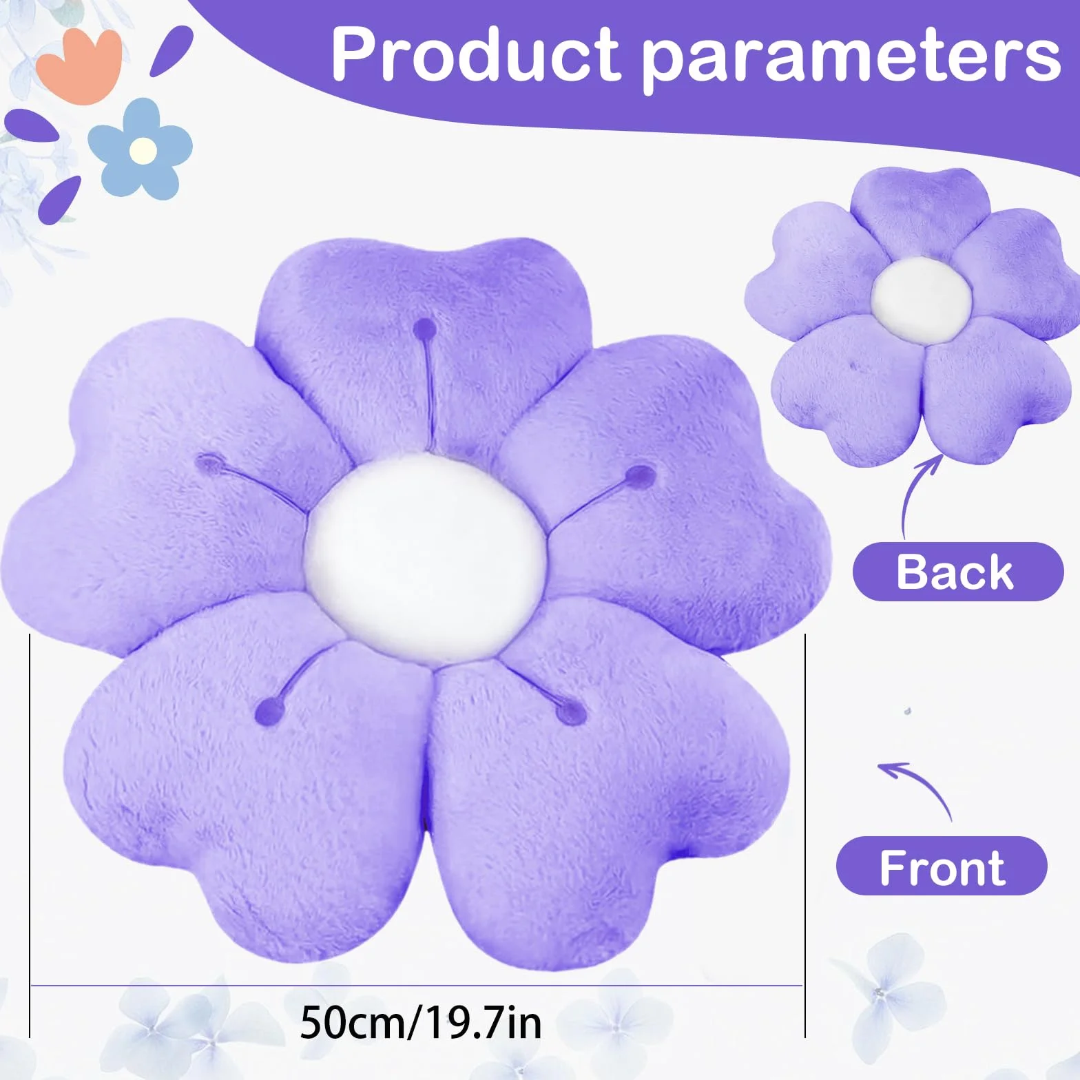 Coussin Fleurs Oreiller Floral Peluche 50cm Violet