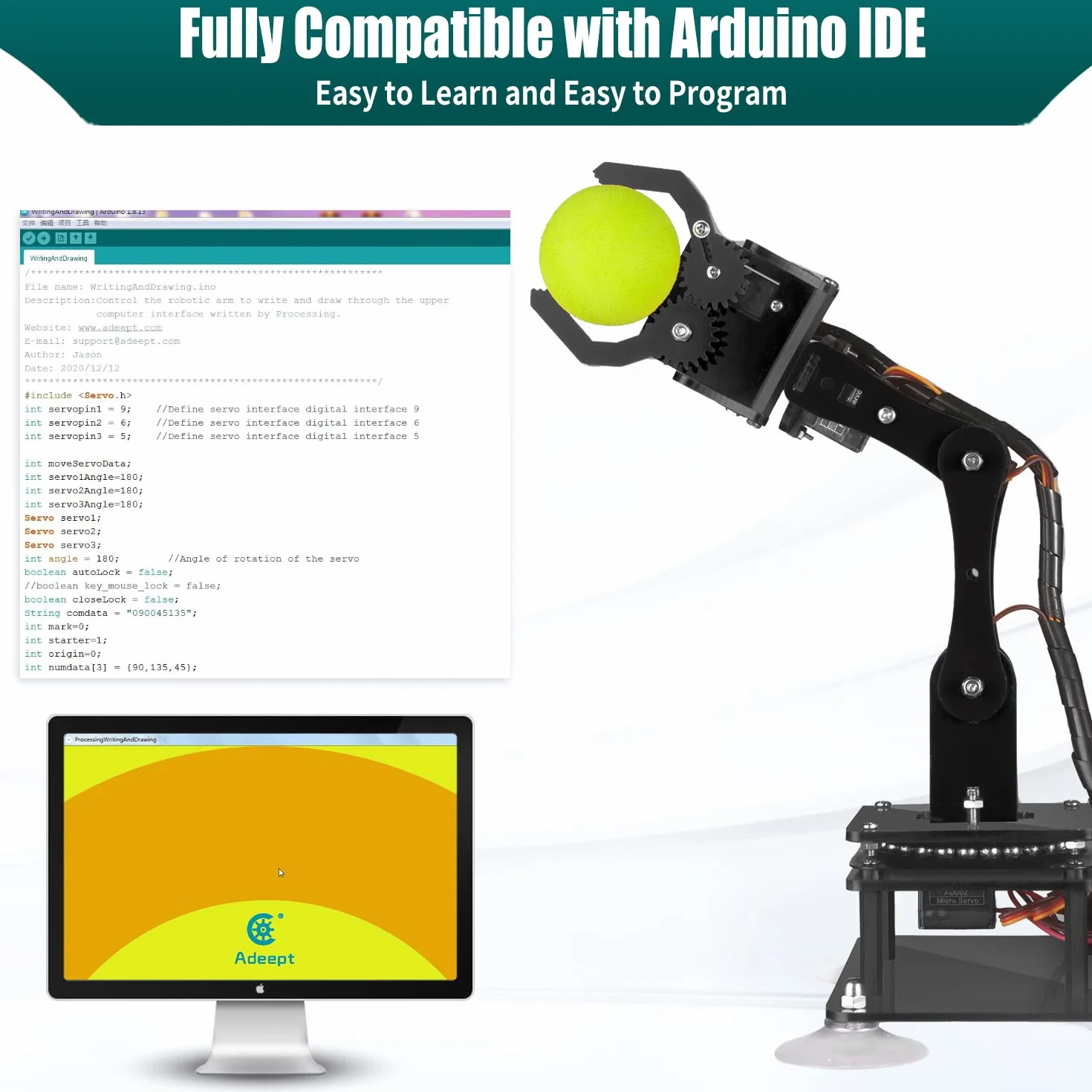 Adeept 5-DOF 5-Axis Educational STEM Programmable Robot Arm Kit with OLED Display Compatible with Arduino IDE Orange