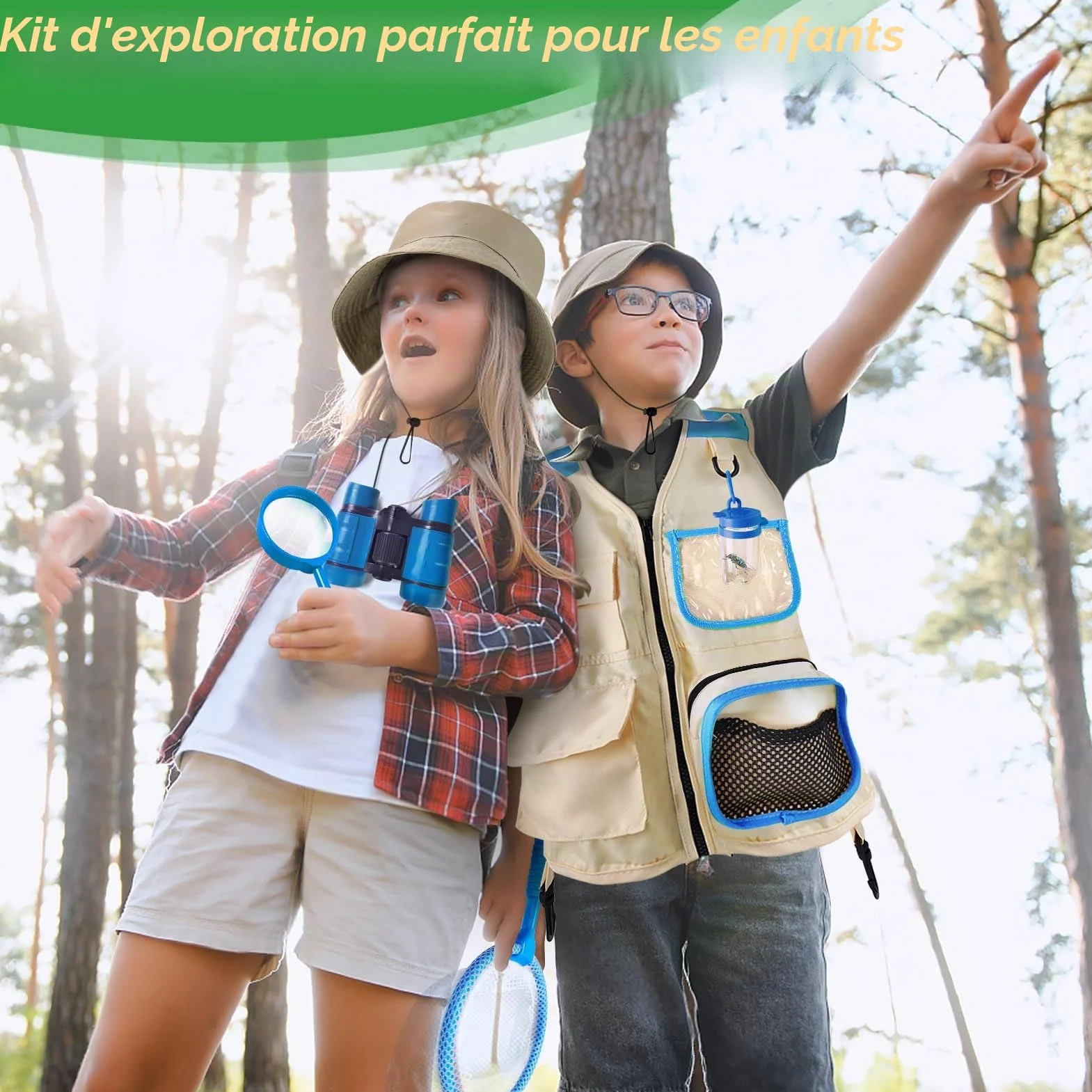 Kit d'exploration pour enfants avec gilet de safari, chapeau et jumelles, piège à insectes