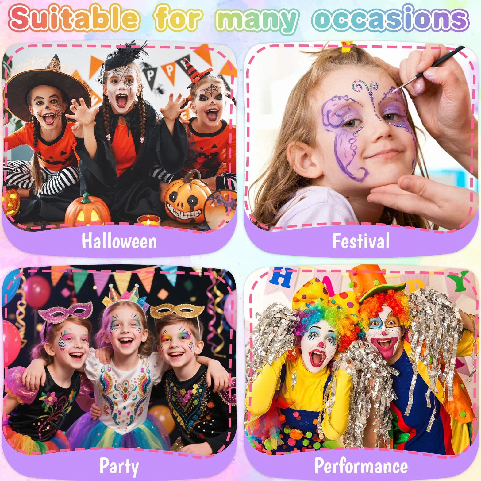 Peinture Corporelle Visage 26 Couleurs Palette Maquillage Enfant avec Pinceaux Pochoirs Autocollants Halloween Noël Carnaval