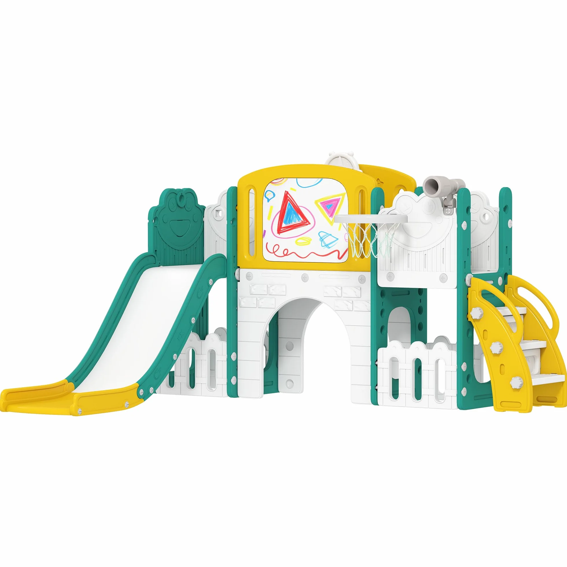 AIYAPLAY Toboggan 7 en 1 pour Enfant avec Panier de Basket, Tunnel, Escalade, Aire de Jeux intérieur et extérieur 1-3 Ans Jaune