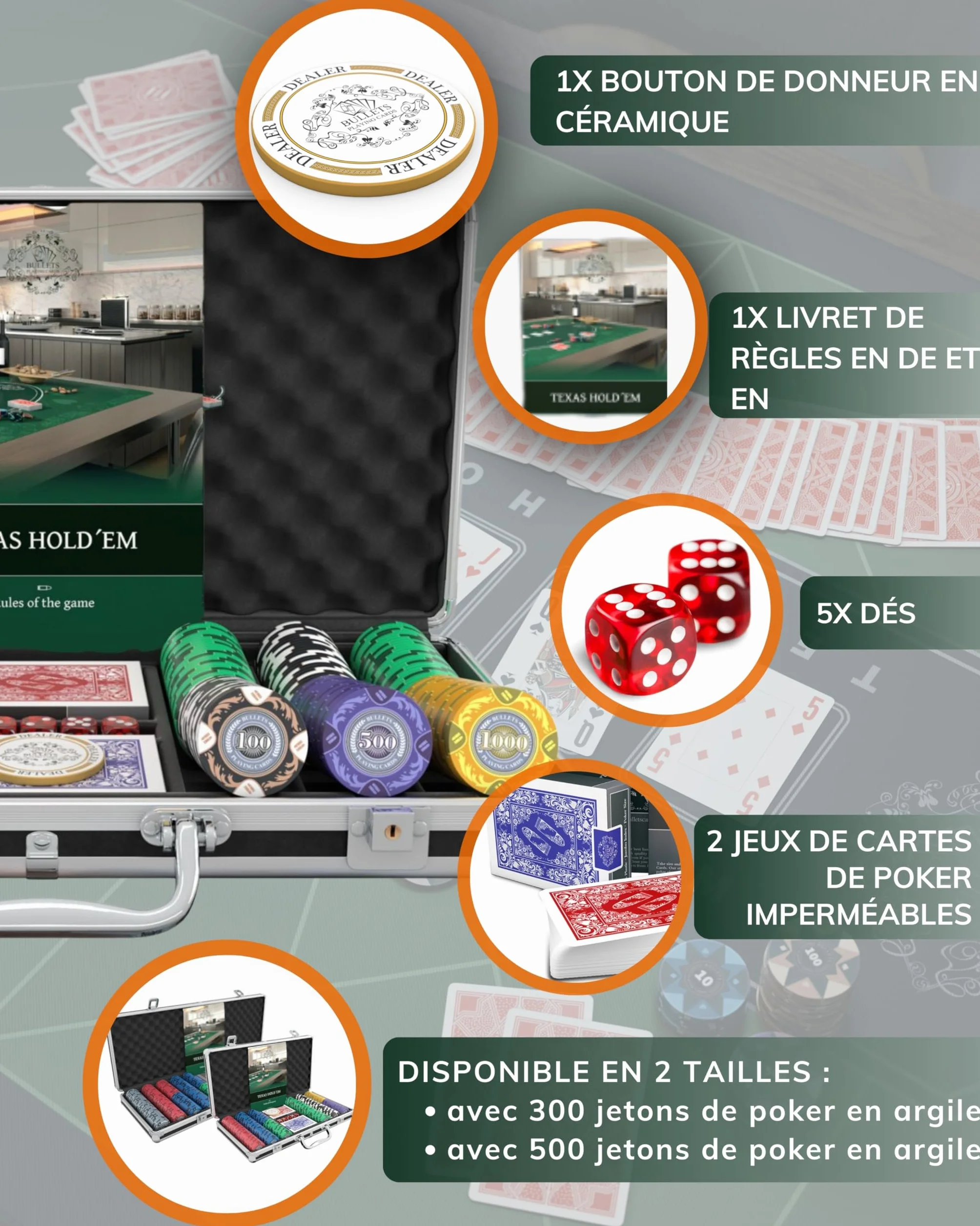 Bullets Playing Cards | Mallette de Poker 300 Jetons Clay 14g – Coffret Complet avec Cartes, dés et Bouton Dealer en céramique – Design Tony