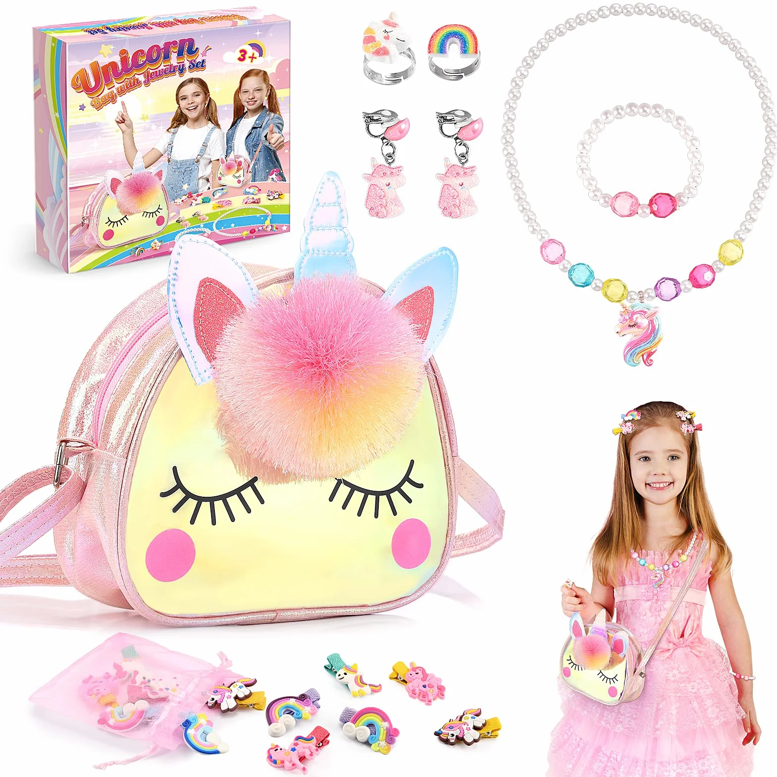 Hapikids Sac à Main Bijoux Enfants Fille Unicorn Collier Bracelet Boucle d'oreille Bagues Kit Cadeau 2-6 Ans