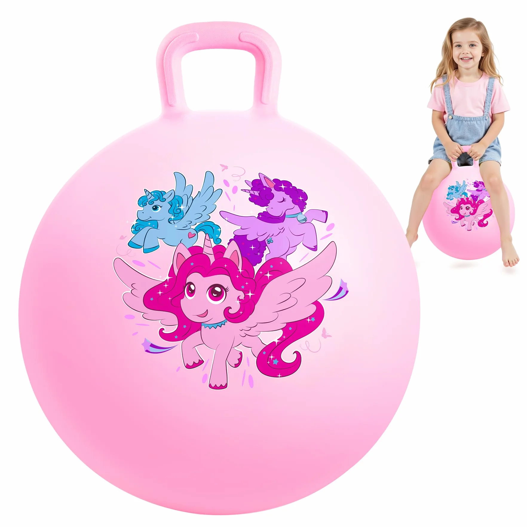 INPODAK Balle Sauteuse 45cm avec Poignée Jouet Sauteur Enfants 3-8 Ans Licorne Rose