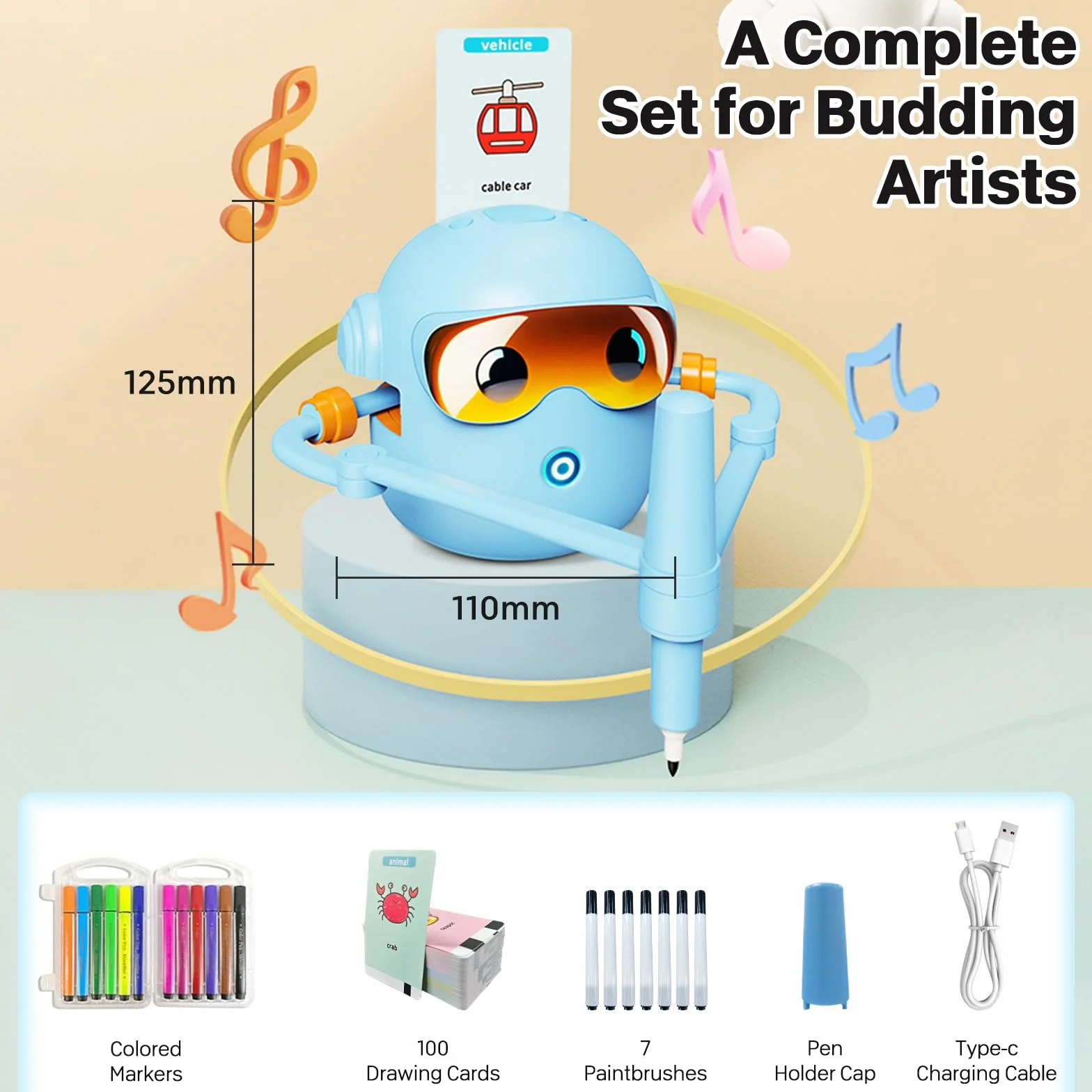PZCC Robot de Dessin pour Enfants Jouet Éducatif Interactif 100 Cartes Dessin Guide Vocal 12 Feutres Colorés Batterie USB-C Cadeau Filles Garçons 3-9 Ans Bleu