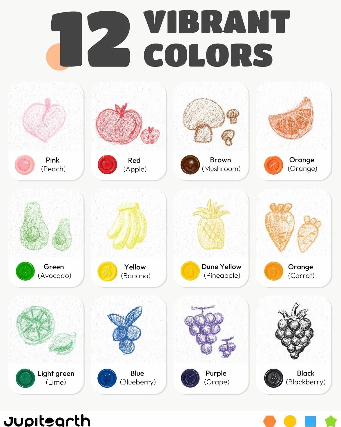 JUPITEARTH 12 couleurs Craies d’œufs pour tout-petits 1–3 ans, non toxiques, lavables, crayons géants