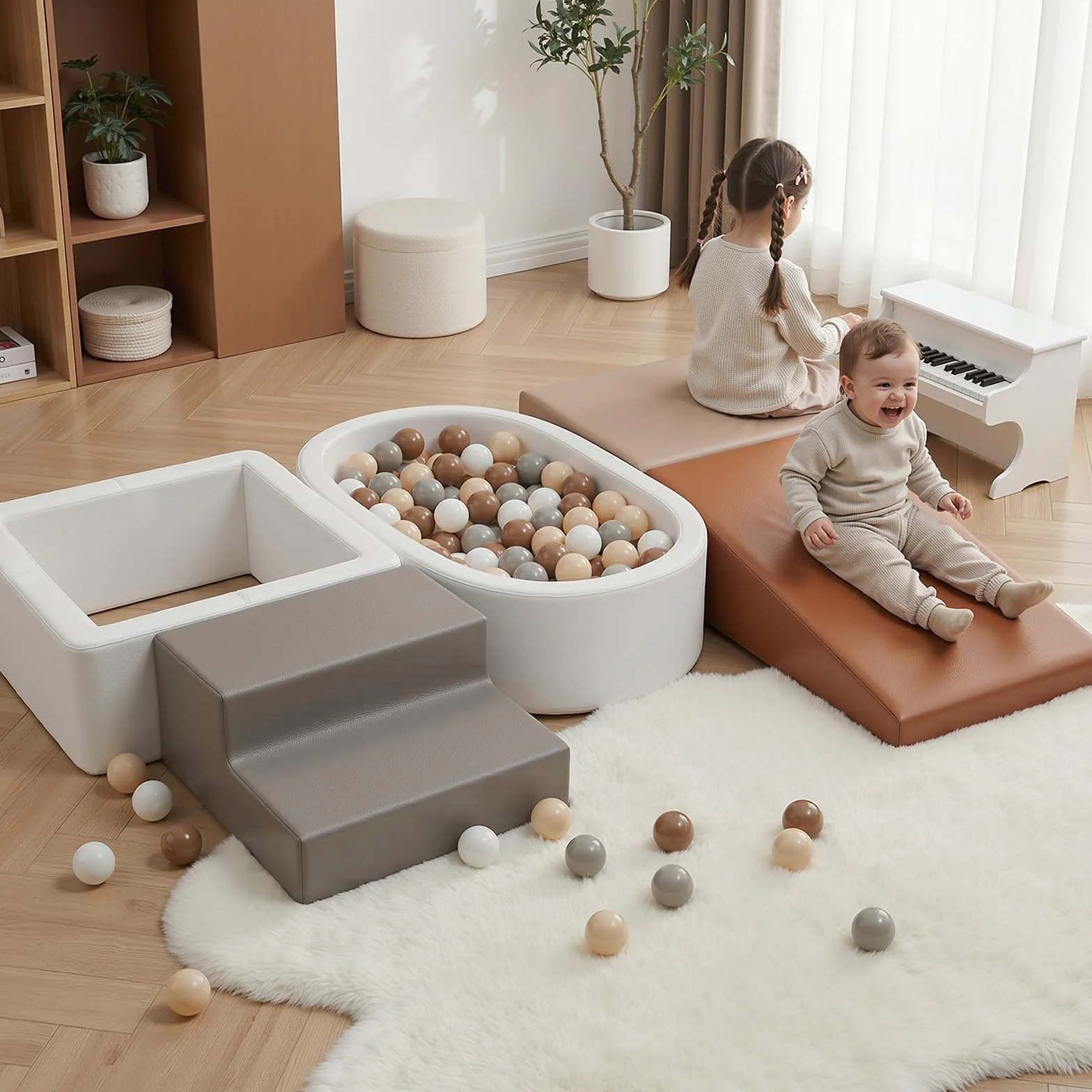 Parcours Motricité Bébé 5 Pièces Cuir PU Blocs Mousse Éducatifs avec Piscine à Balles Structure d'escalade Antidérapante