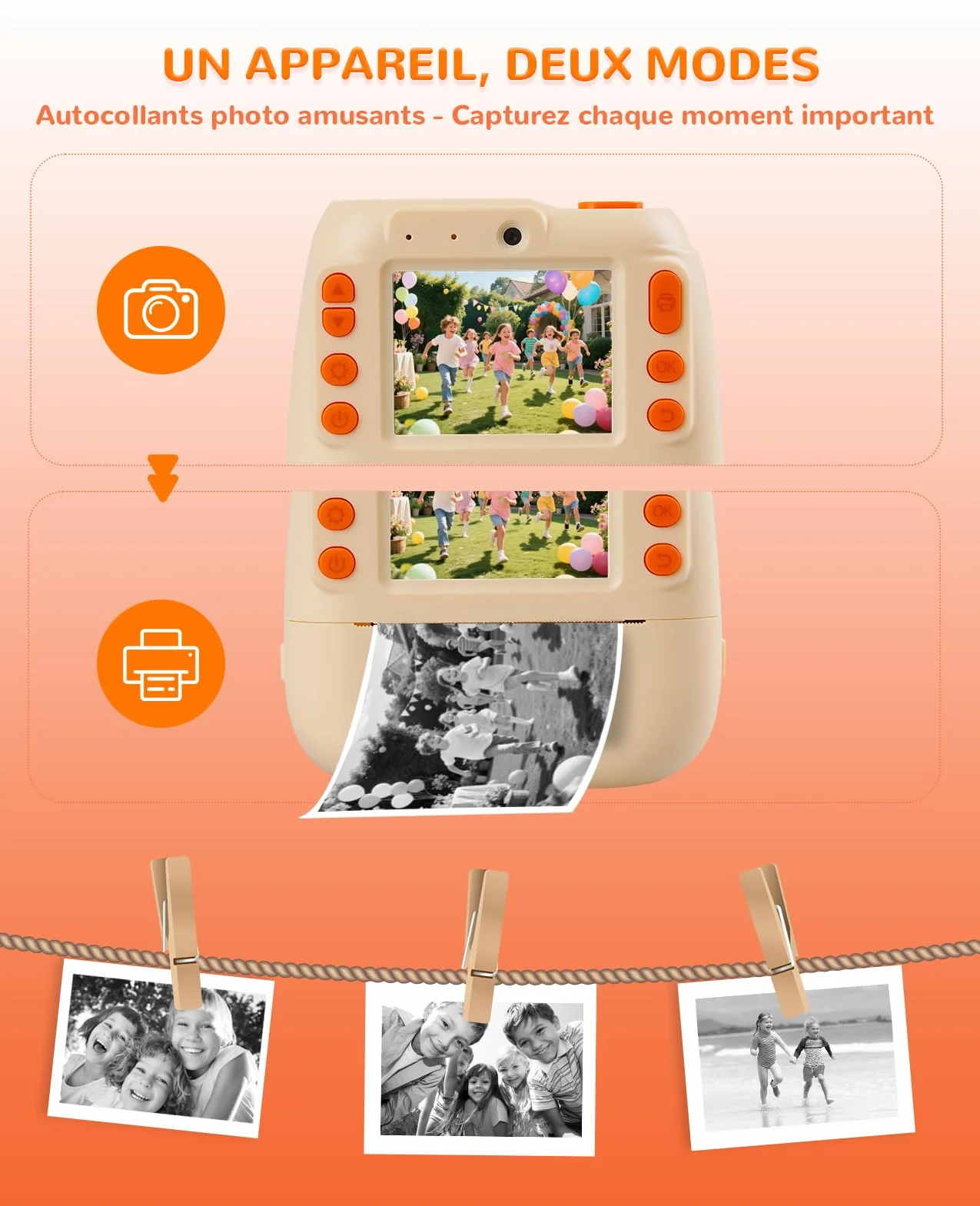 Appareil Photo Instantané Enfants 12MP 1080P Numérique avec Carte 32G et Papier 2,4 Pouces Caméra Jouets Cadeau Garçons Filles 3-12 Ans