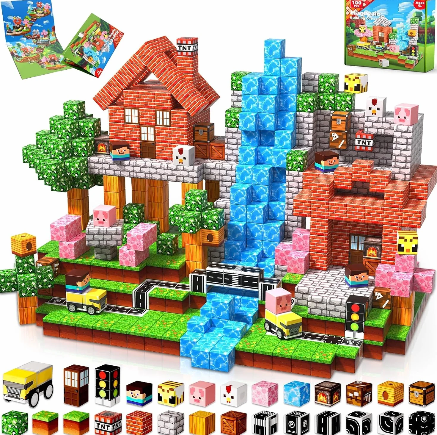GraceDuck Bloc Construction Magnétique 100 Pièces Prairies et Routes Jouet Montessori Enfant 3-9 Ans