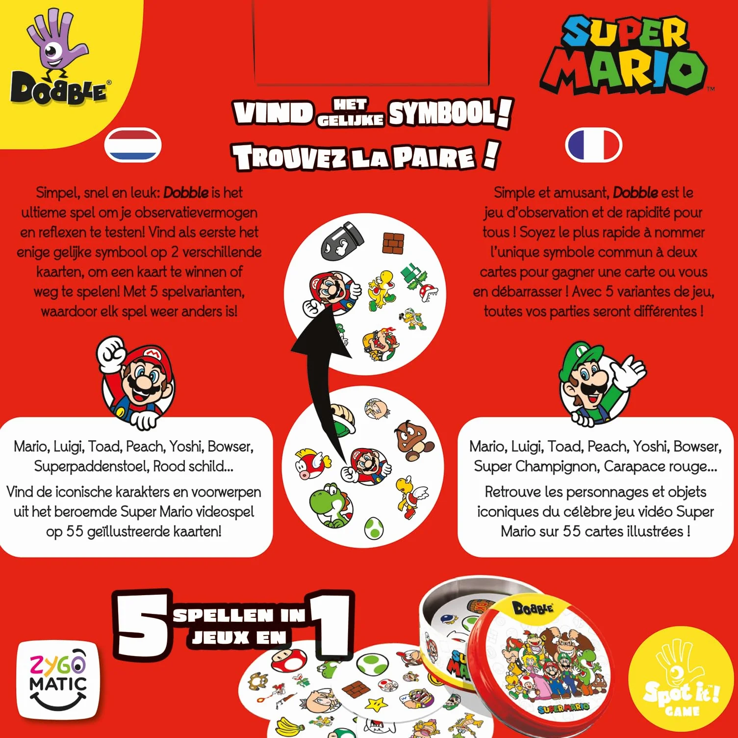Asmodee DOBBLE Super Mario Jeu de Société Rapidité Observation Cartes Familial Enfants 6 Ans Boite Métal Multilingue