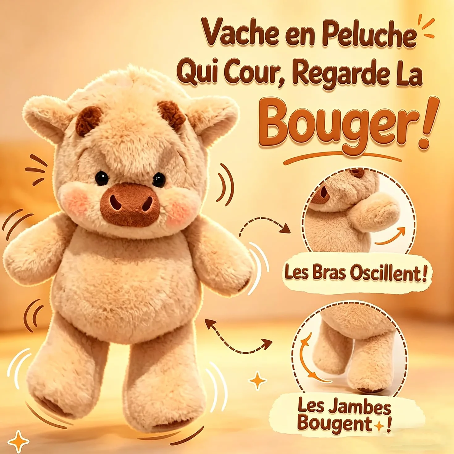 Peluche Vache Qui Court 45 cm - Doudou Vache Interactive en Peluche Douce, Animal Qui Bouge pour Soulager Le Stress