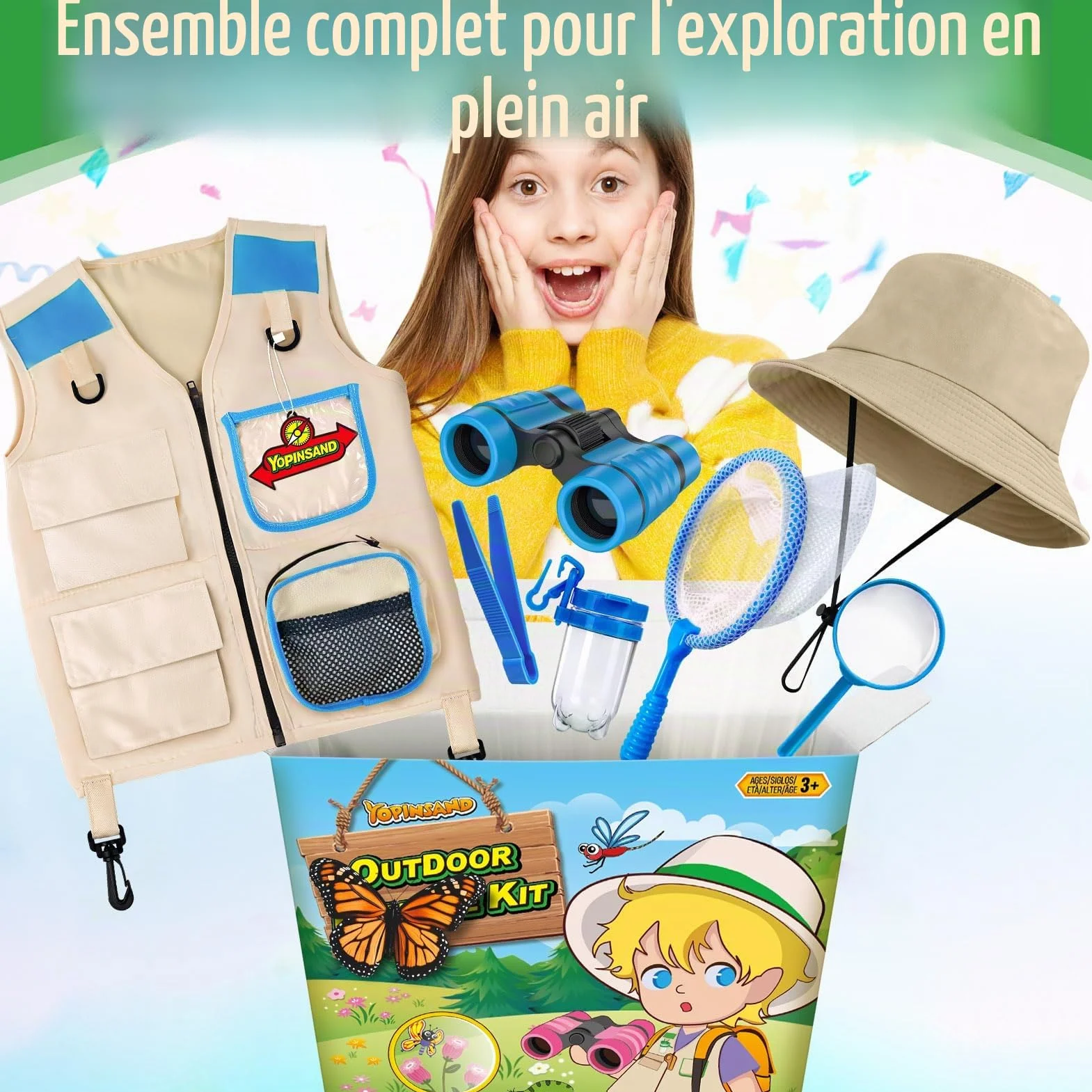 Kit d'exploration pour enfants avec gilet de safari, chapeau et jumelles, piège à insectes