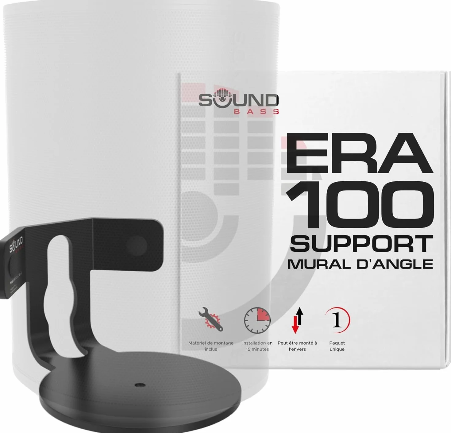 Support Mural d’Angle Era 100 pour Sonos ERA100 & Era 100 SL, Profil Bas Noir, Kit de Montage Inclus