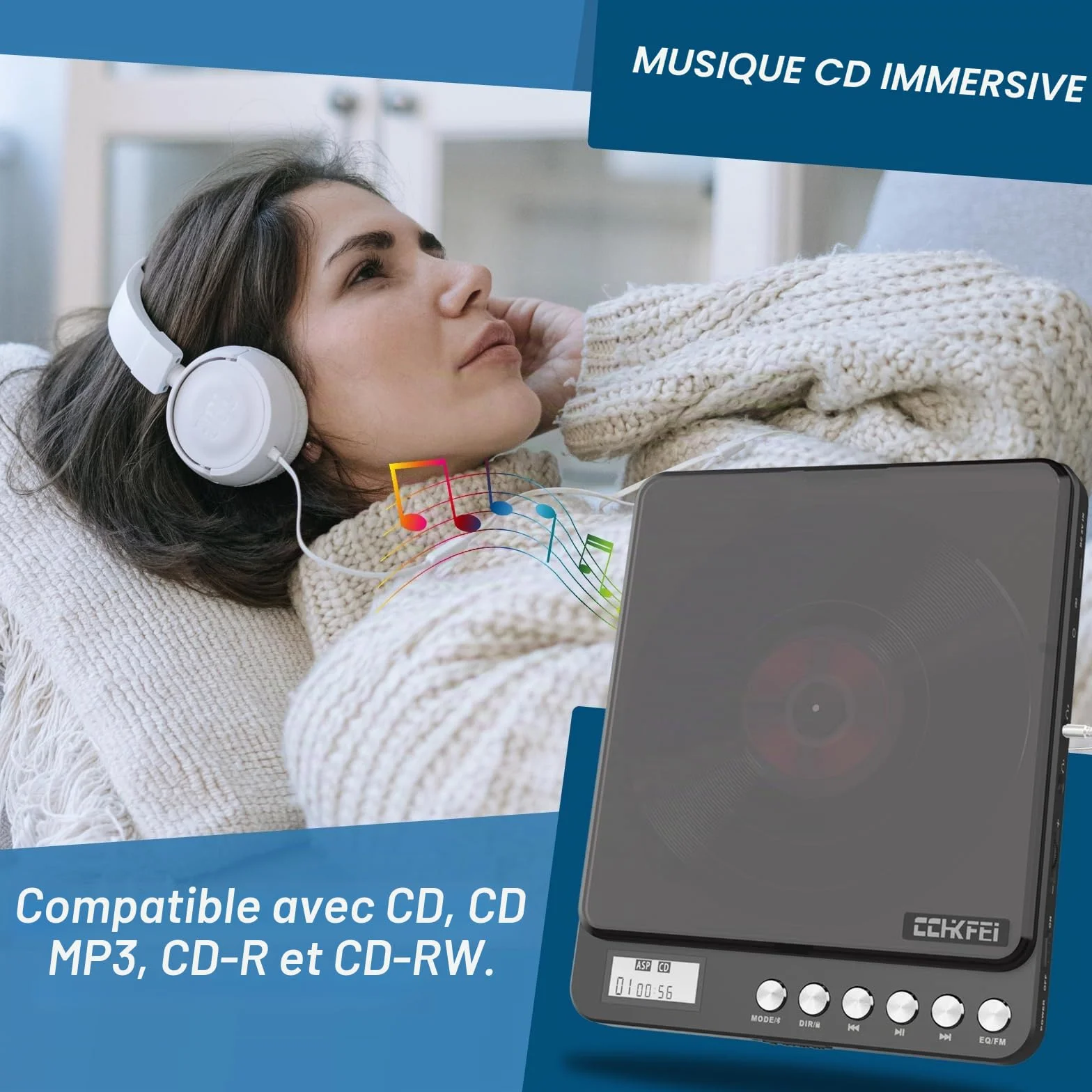 CCHKFEI Lecteur CD Portable Bluetooth Rechargeable Transmetteur FM Antichoc Double Prise Casque 3.5mm