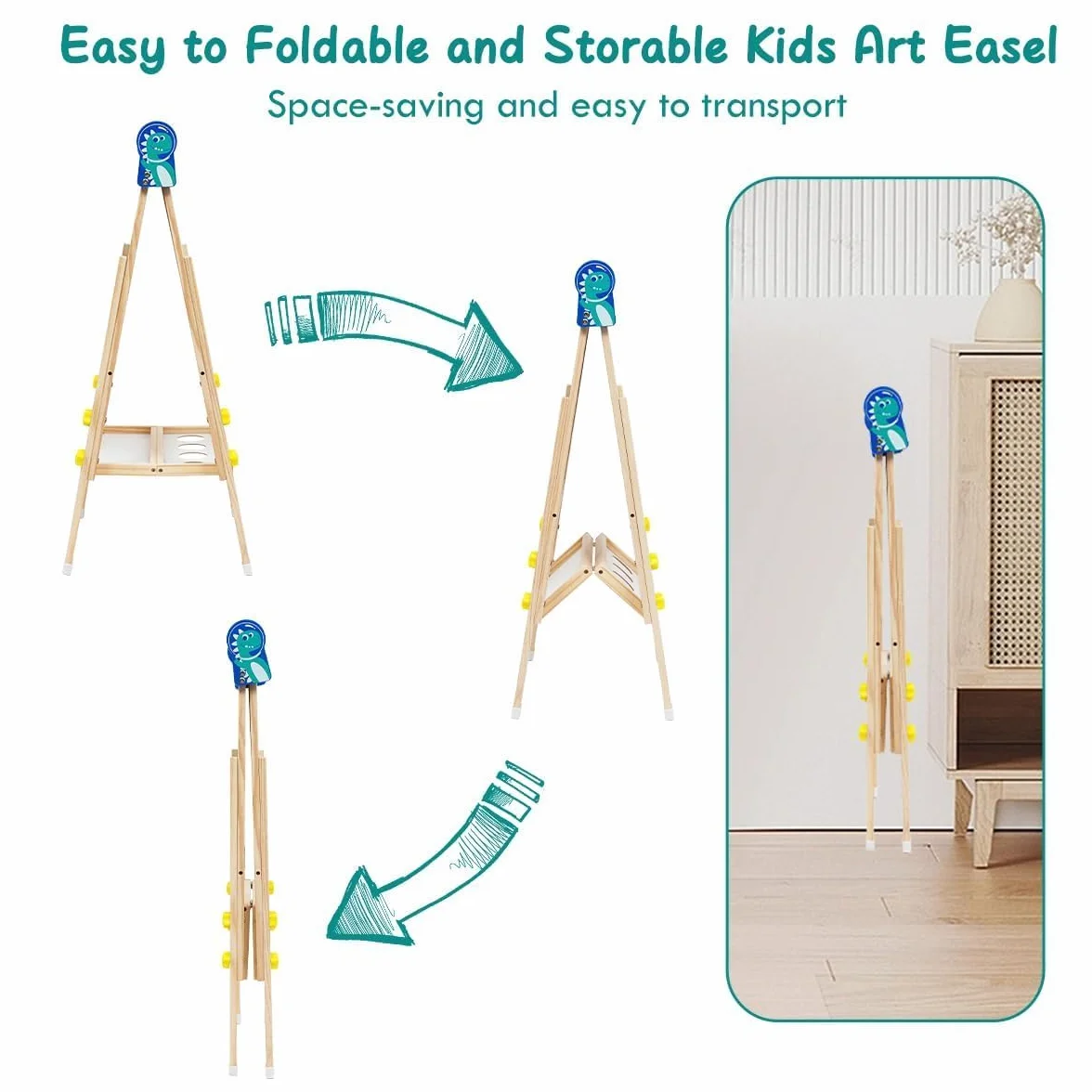 Chevalet pour Enfants en Bois 3 en 1 Tableau de Dessin Double Faces Pliable Réglable en Hauteur avec Rouleau de Papier et Accessoires 3+ Ans Cadeaux