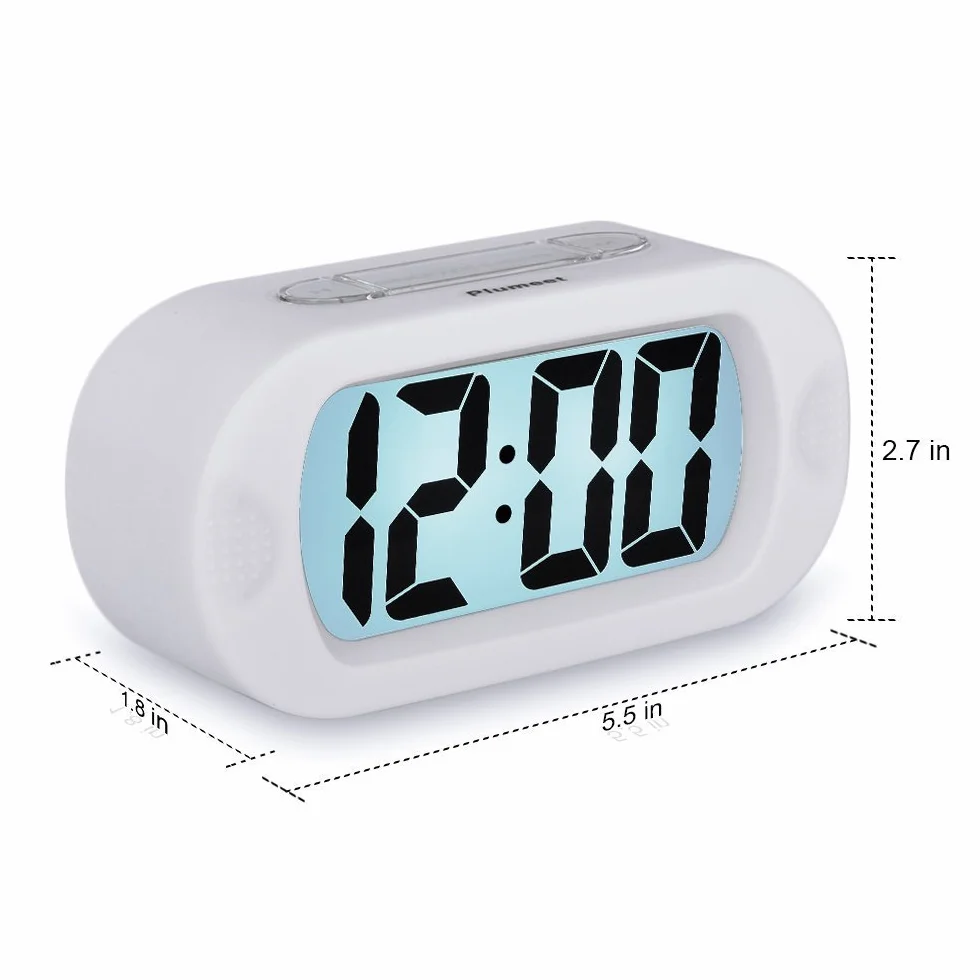 Plumeet Réveil électronique avec Grand écran LCD, Fonction Snooze, Veilleuse, Alimenté par Batterie, Blanc