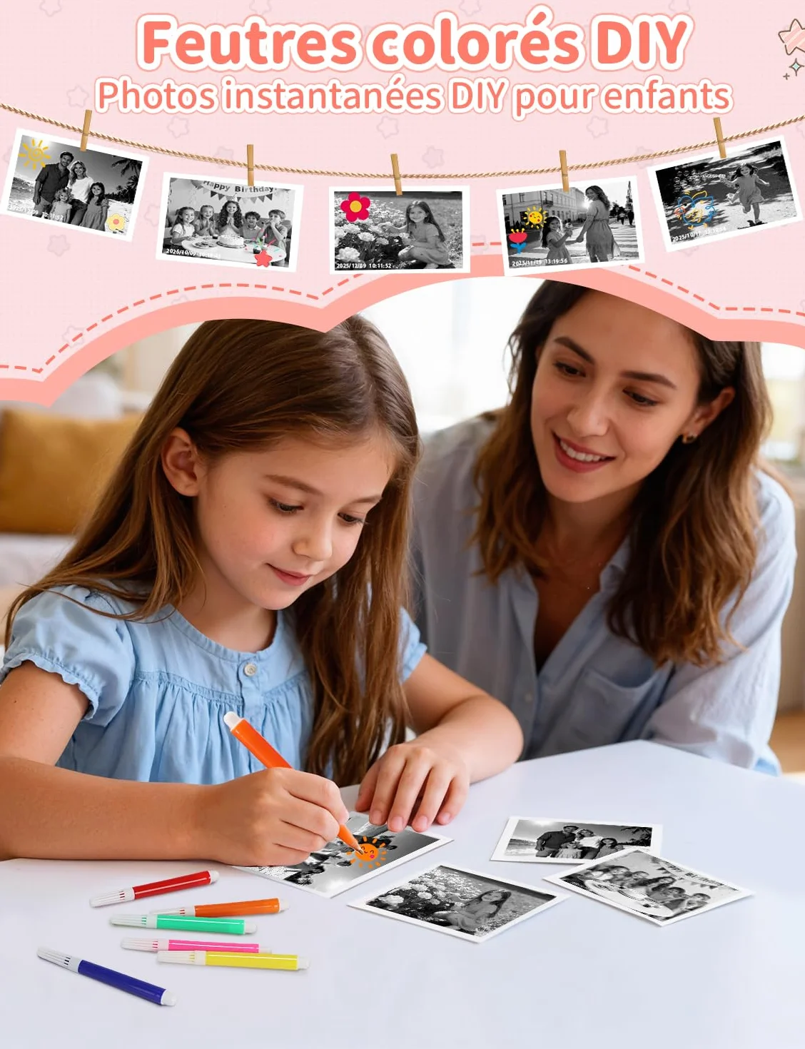 LIORQUE Appareil Photo Instantané Enfant 2.4'' HD 1080p avec Carte 32GB & Papier d'impression Rose