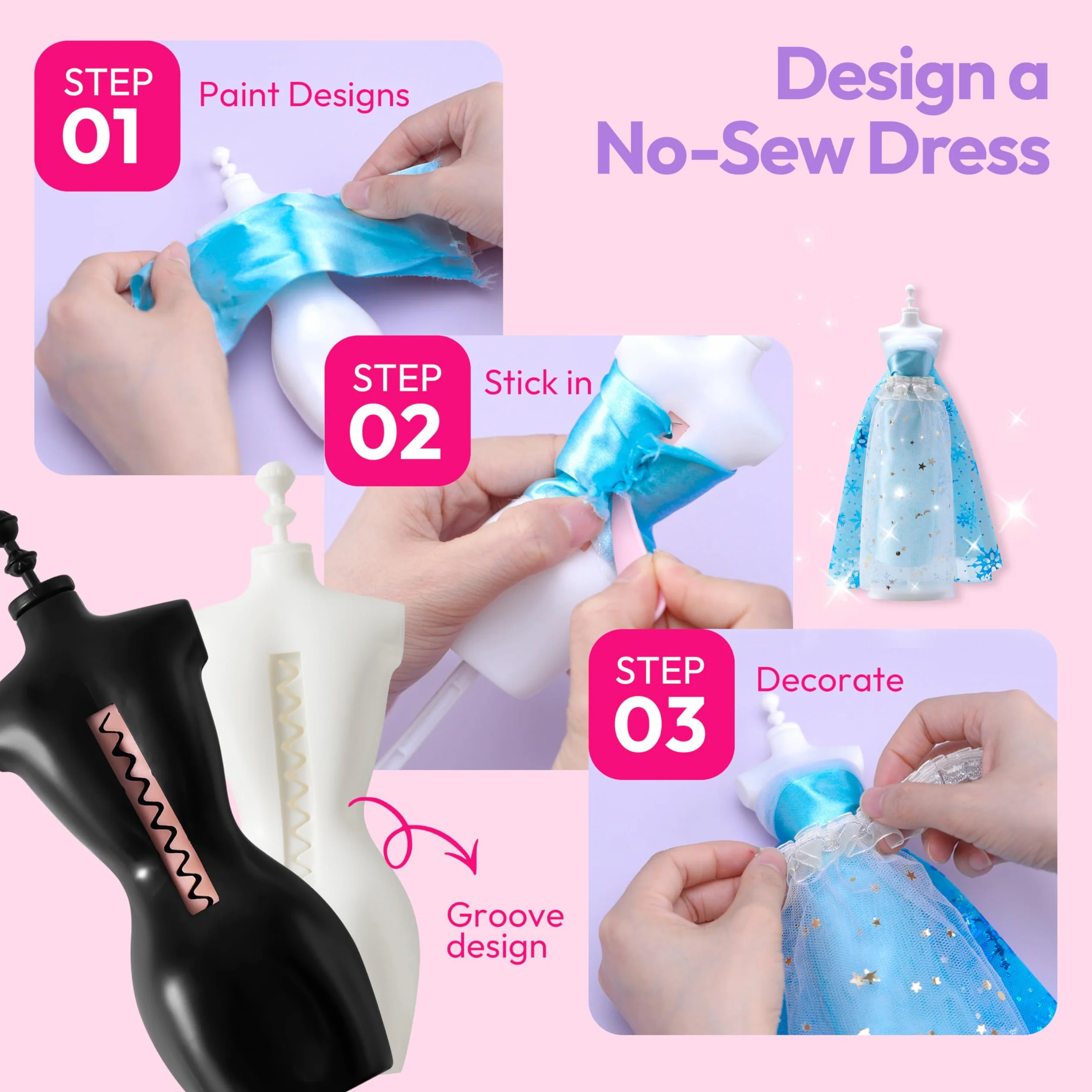 Klever Kits 400+PCS Artisanat de Design de Mode pour Enfants Art et Artisanat Jouet Bricolage Couture avec 3 Mannequins