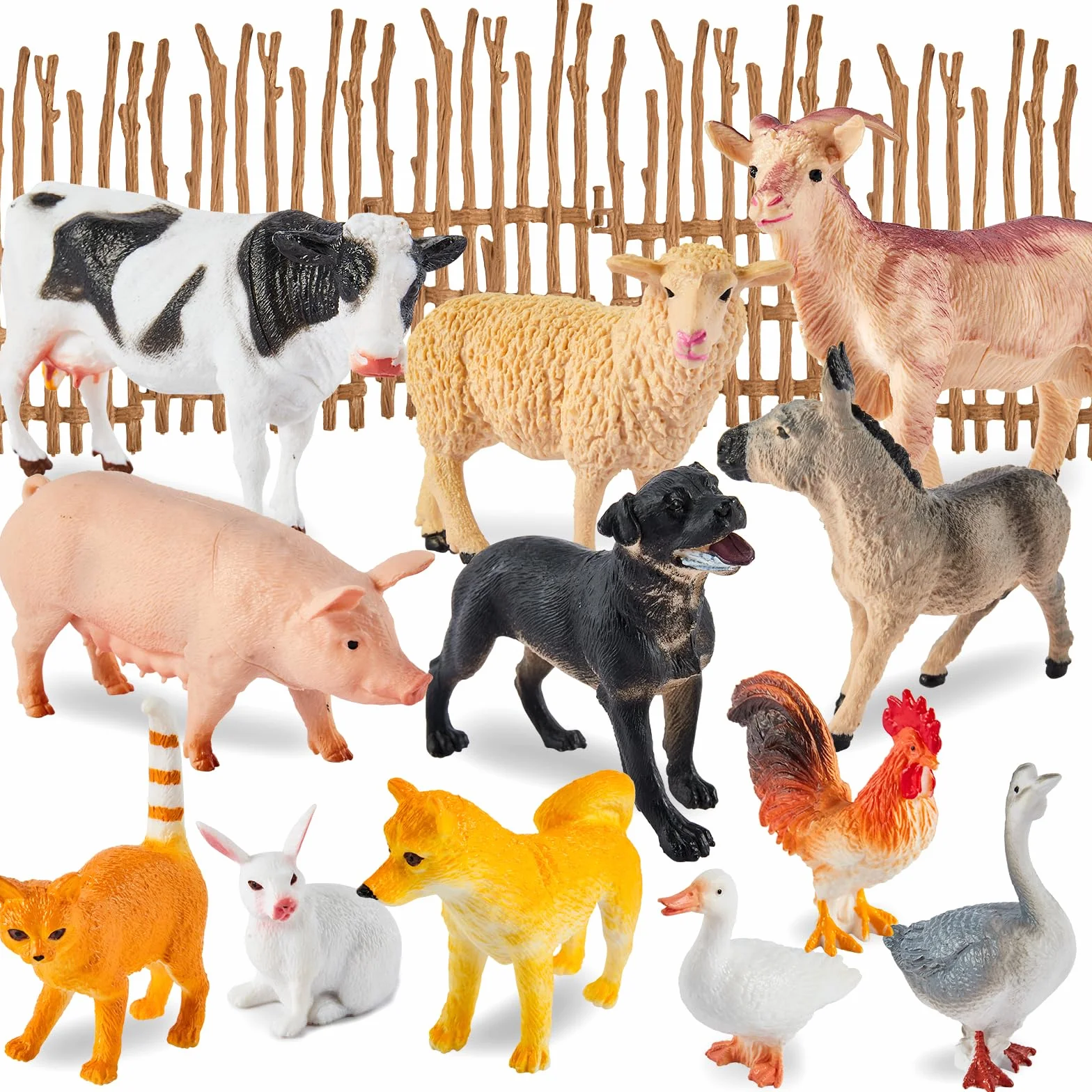 BUYGER 12 Figurines d'animaux de la Ferme Réalistes avec Clôture, Jouet Éducatif pour Enfants 3-6 Ans