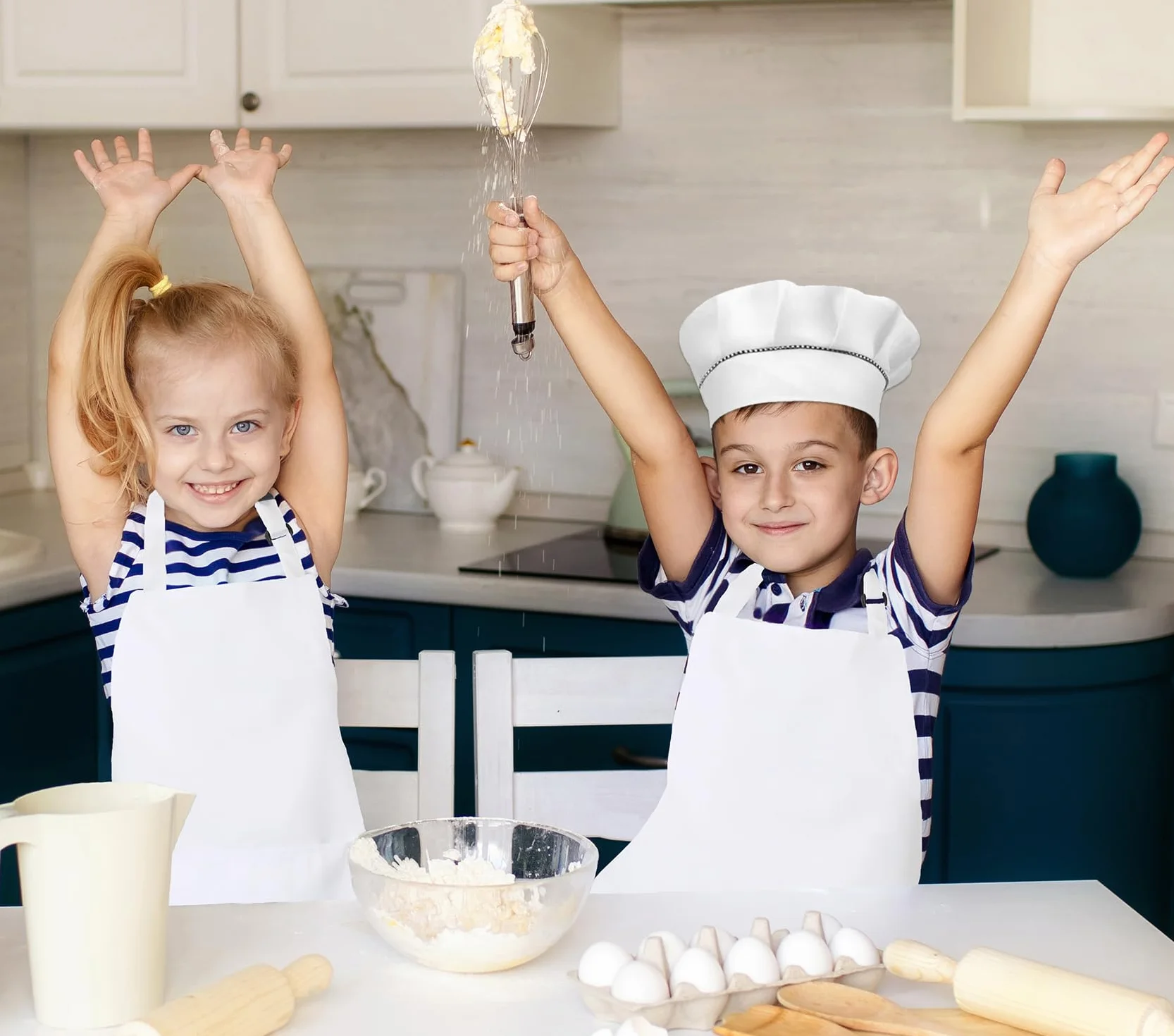 Set de 12 Pièces Tablier Enfant et Chapeau de Chef Réglables avec Poches pour Cuisine Jardin Peinture Artisanat