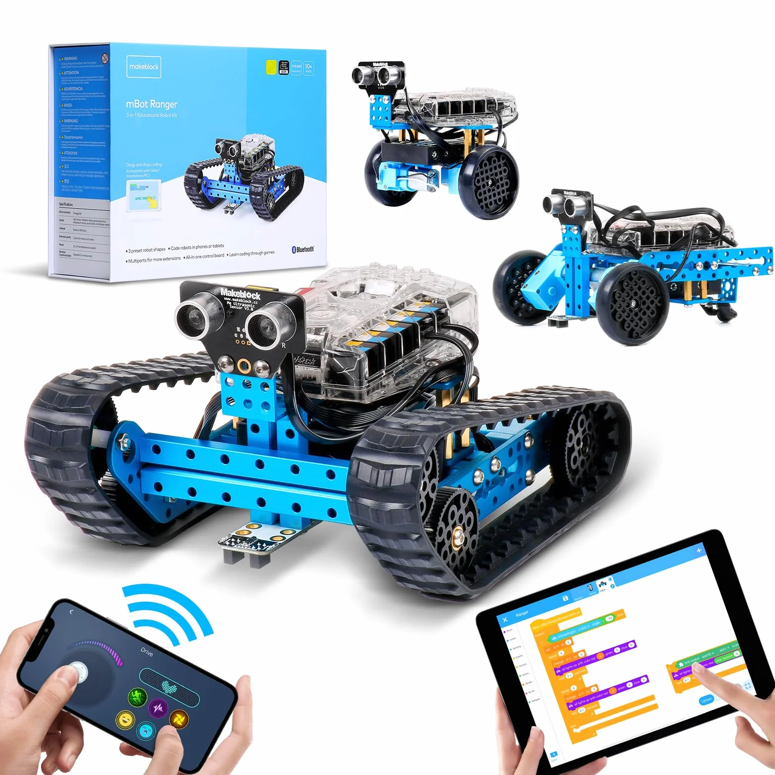Makeblock mBot Ranger Kit Robot Programmable, Jouets Robotiques d'apprentissage de Codage Avancé, Jouets Éducatifs STEM, 3 Formulaires Prédéfinis, Bâtiment de Bricolage, Bluetooth