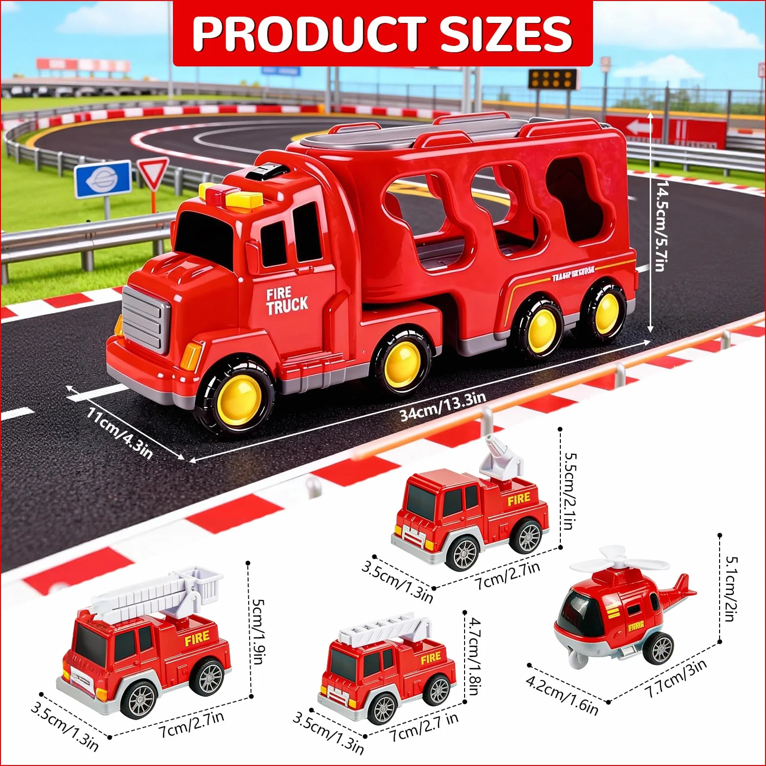 Camion de Pompiers 5 en 1 Jouet avec 4 Véhicules, Sons et Lumières Transporteur à Friction pour Enfants 3-6 Ans