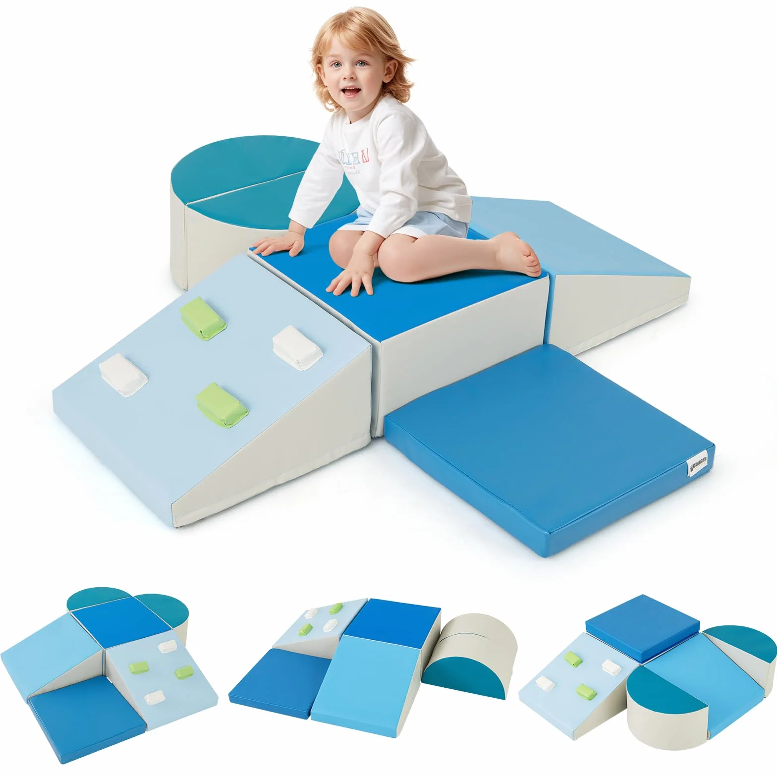 COSTWAY Parcours Motricité Bébé Mousse Housse PU Roches Escalade Attaches Crochets Jouets Éducatifs Ramper Grimper 12 Mois+ Bleu