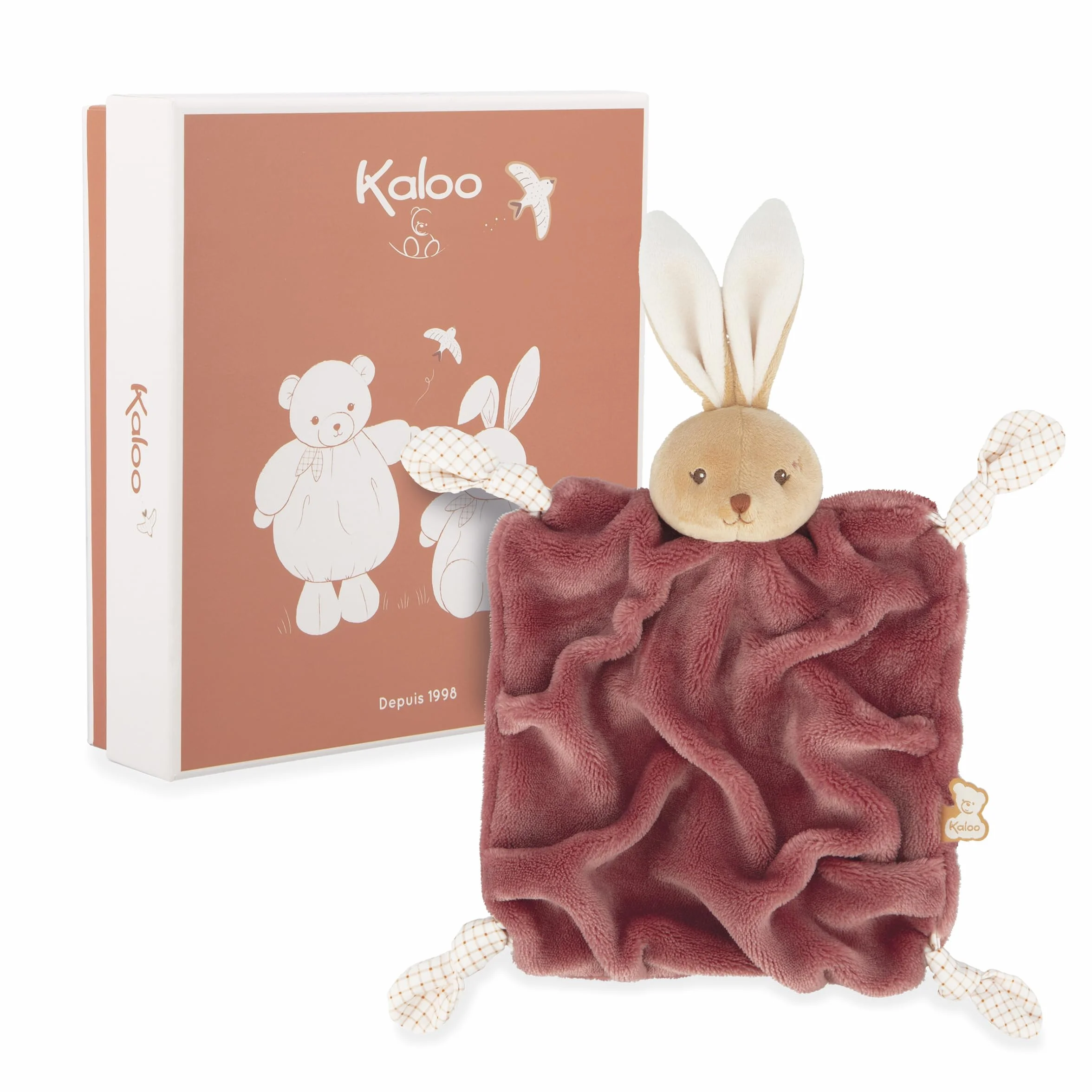 KALOO Doudou Lapin Bordeaux 24cm Doudou Plat Bébé Ultra-Doux Fourrure Flanelle Extra Douce Nœuds Attache-Tétine Compagnon Câlin Éducatif