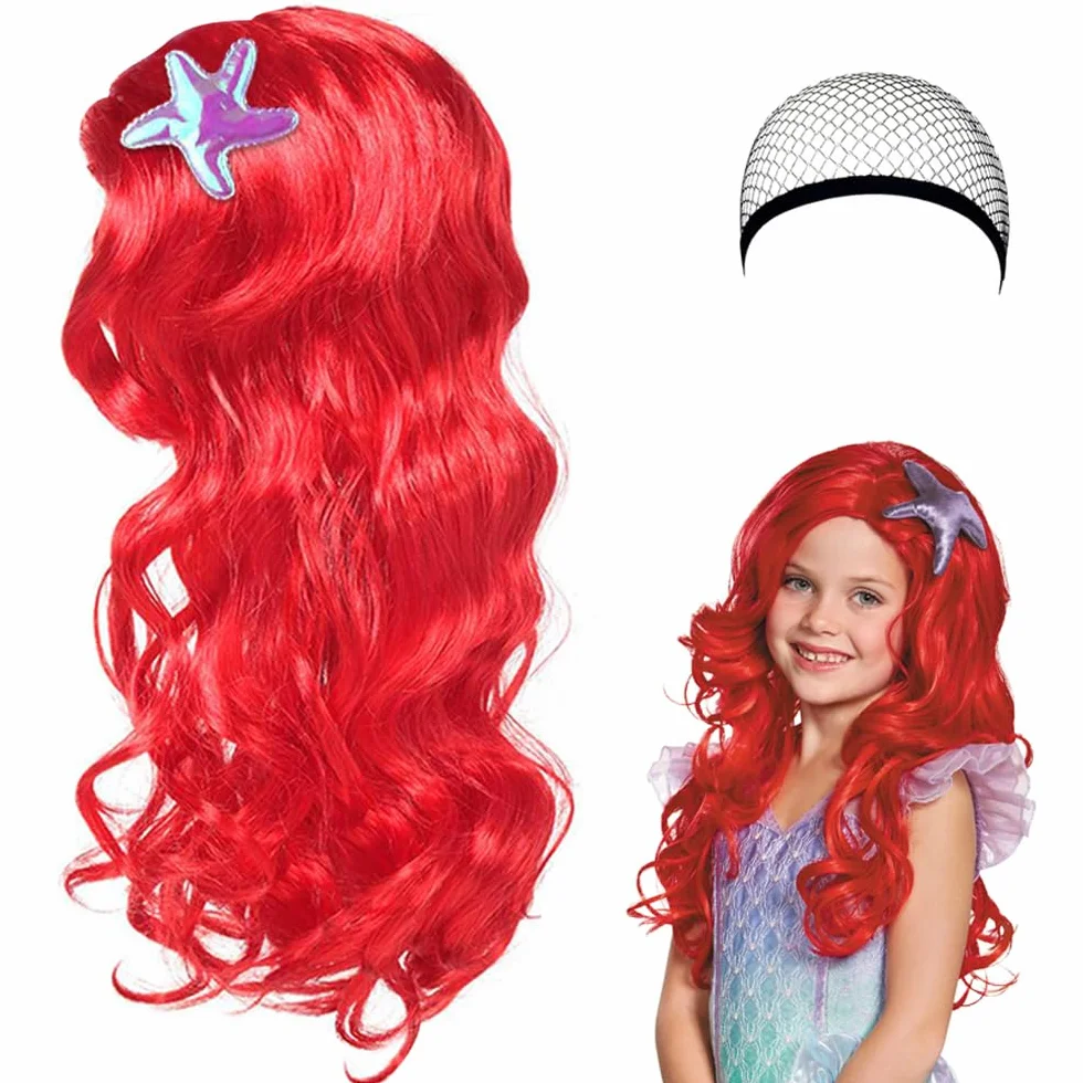 Perruque Sirène Enfant Ariel Rouge Longue Bouclée Costume Carnaval Fête Thème Cosplay
