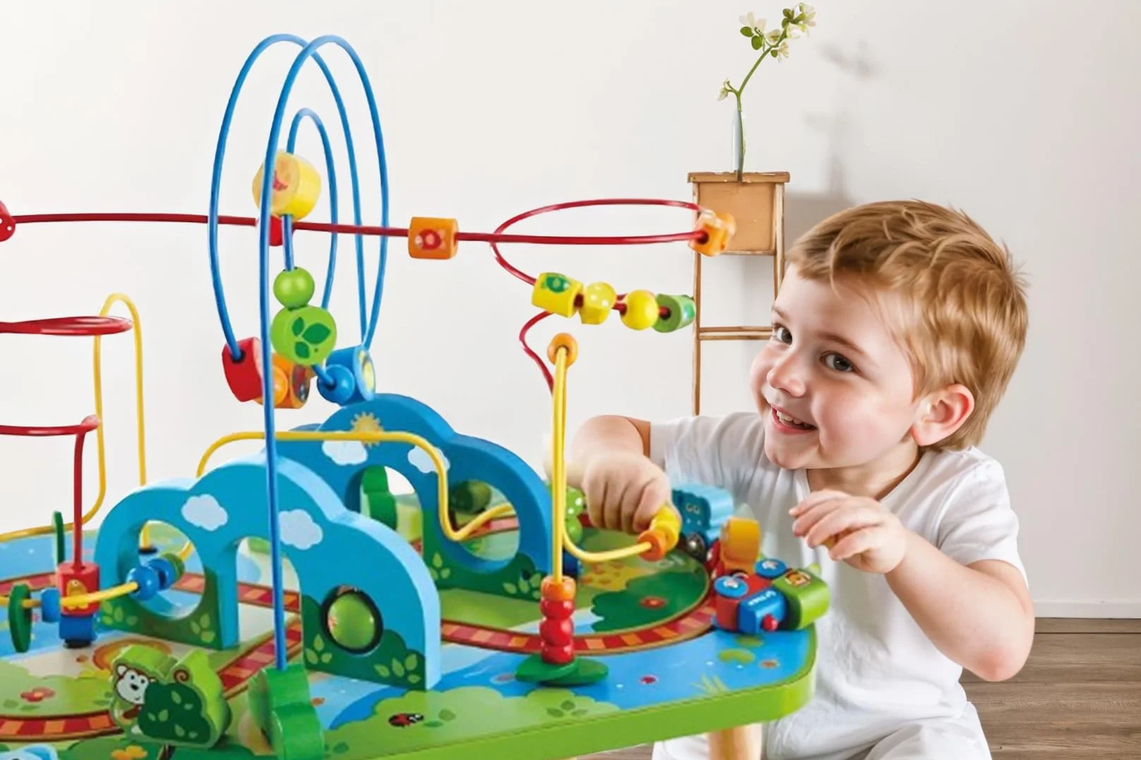 Hape Table d'Activité Bébé en Bois - Centre d'Activité avec Labyrinthe Boulier et Train - Jeu d'Éveil Motricité