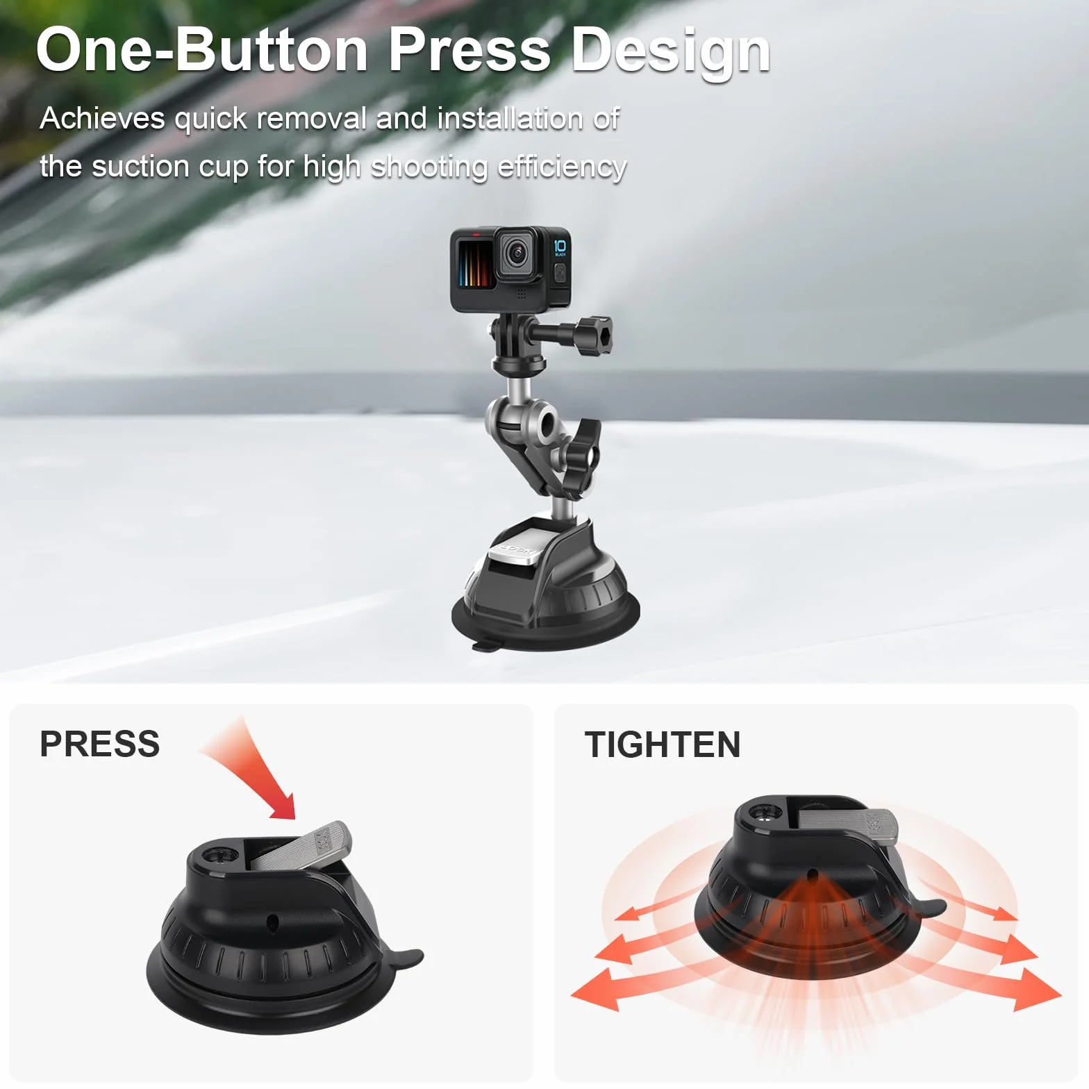 Support de Voiture à Ventouse pour GoPro Hero 13/12/11, Double Rotule 360°, Vis 1/4 Pouce, Compatible Insta360 X5/X4, DJI Osmo Action
