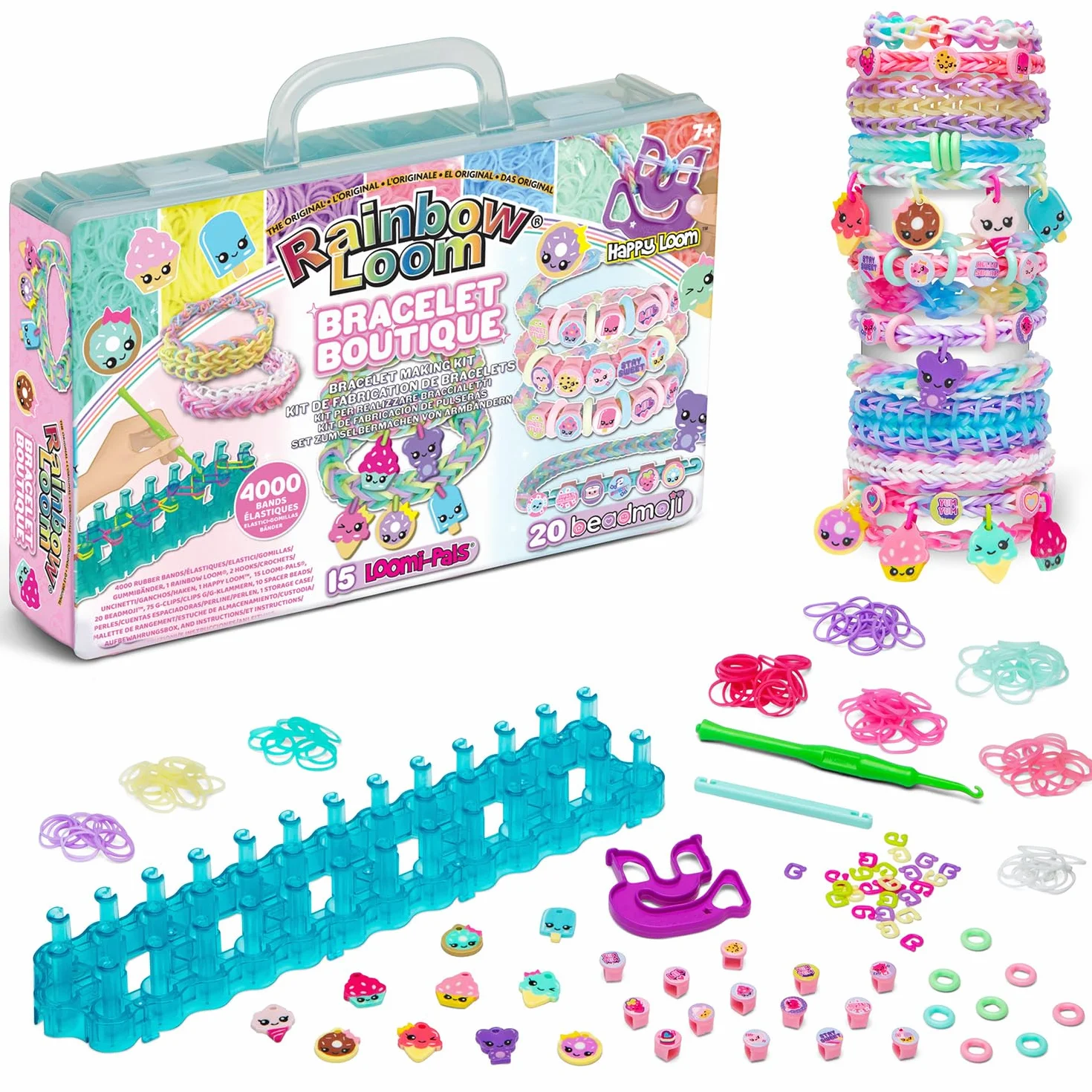 BANDAI Rainbow Loom Boutique Coffret Fabrication Bracelets Élastiques 4000 Élastiques Crochets Beadmojis Charms Enfant 7 ans+