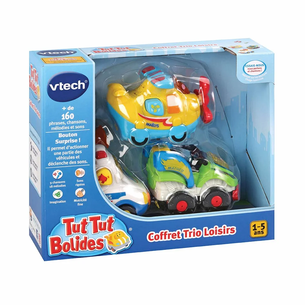 VTech Tut Tut Bolides Coffret Trio Loisirs 3 Voitures Interactives Avion Hélices Police Quad Jouet Musical Enfant 1-5 Ans Français