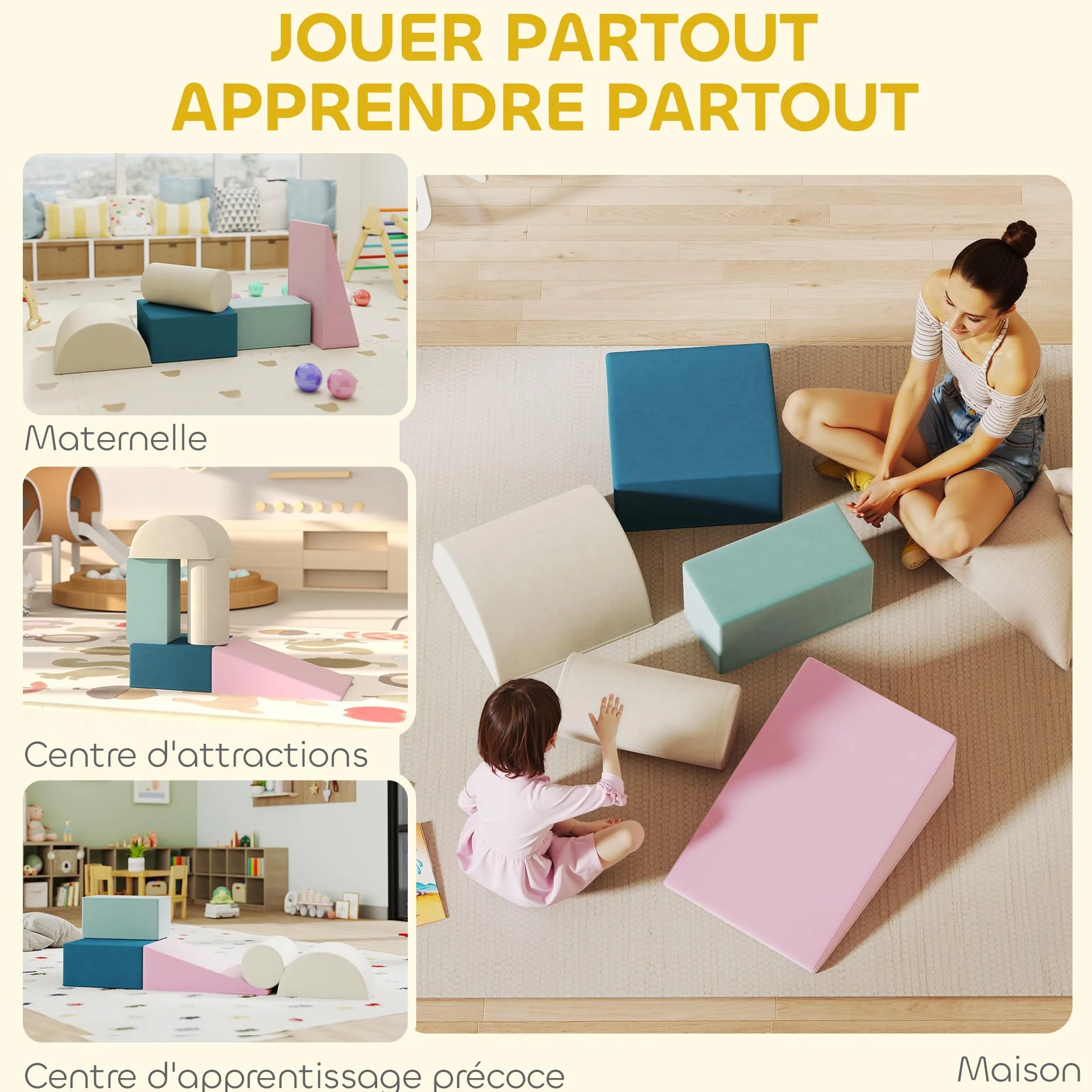 AIYAPLAY Parcours motricité bébé modulable, Jouet d'escalade, Blocs Mousse éducatifs 5 pièces, Housse Lavable en Velours, Multicolore