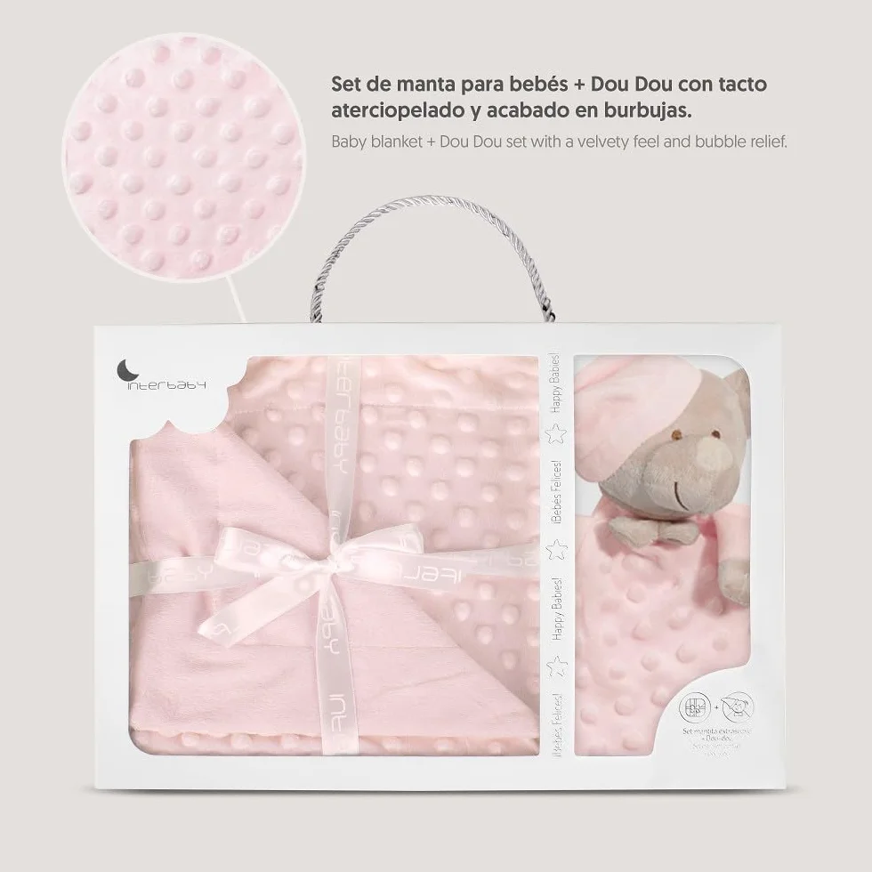 Interbaby Couverture Bébé Bulles 80x110cm + Peluche Ourson 28x17cm Coffret Cadeau Naissance Rose