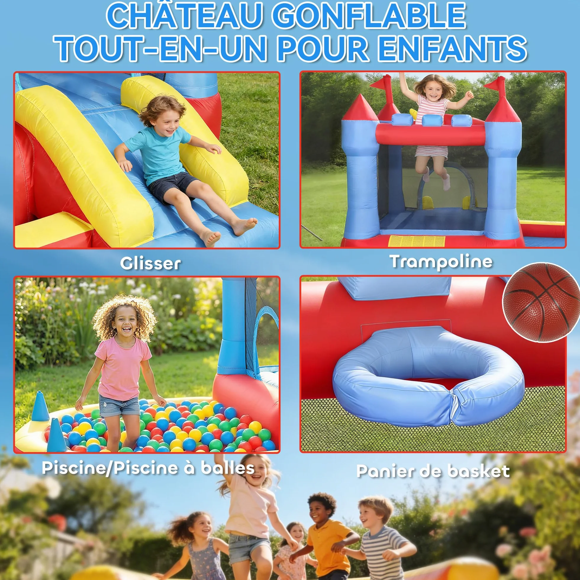 AIYAPLAY Château gonflable avec souffleur, parc aquatique, toboggans, trampoline, piscine à balles, 342x255x209cm