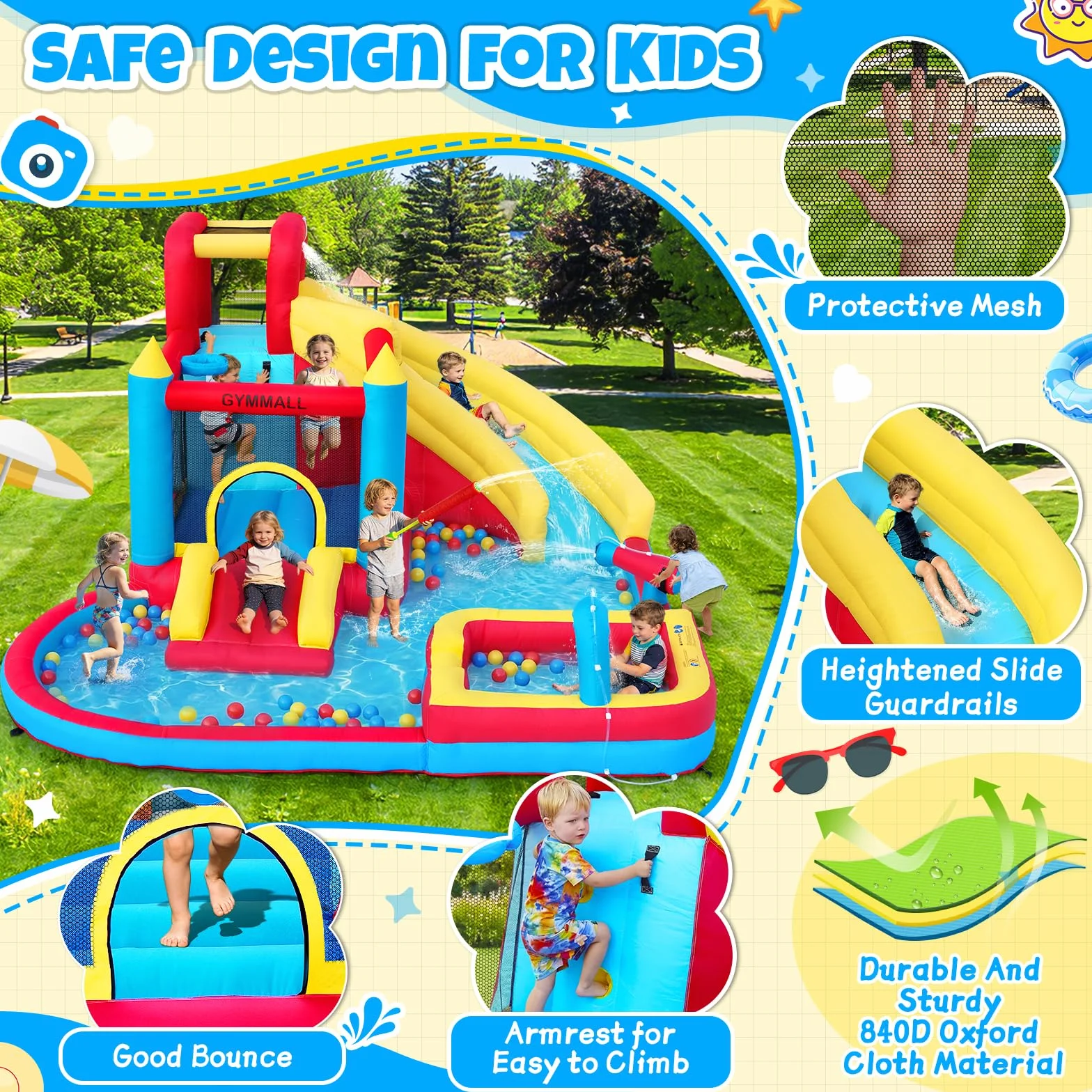 Château Gonflable pour Enfants 8-en-1 avec Souffleur 480W, Toboggan, Mur d'escalade, Trampoline et Pataugeoire