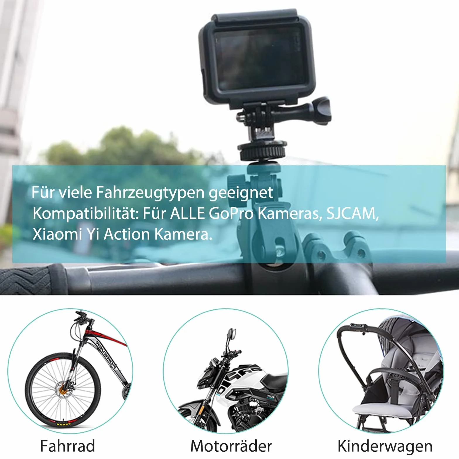 Support Universel pour Caméra d'action sur Guidon Vélo/Moto, Fixation Stable avec Clip Anti-Vibration pour Go Pro & Caméras Sport