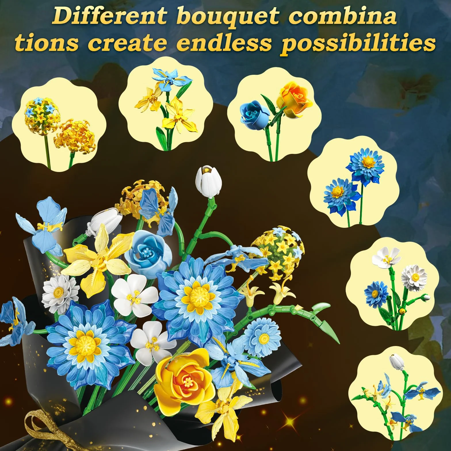 Starry Blooms Ensemble de Construction de Bouquet de Fleurs Compatible avec Lego Dahlia Roses pour Décor Maison