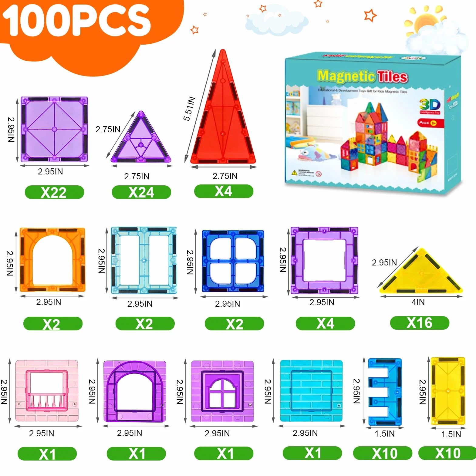 Blocs de Construction Magnétiques 100 Pièces Enfant 3-8 Ans Garçon Fille Jouet Cadeaux Noël