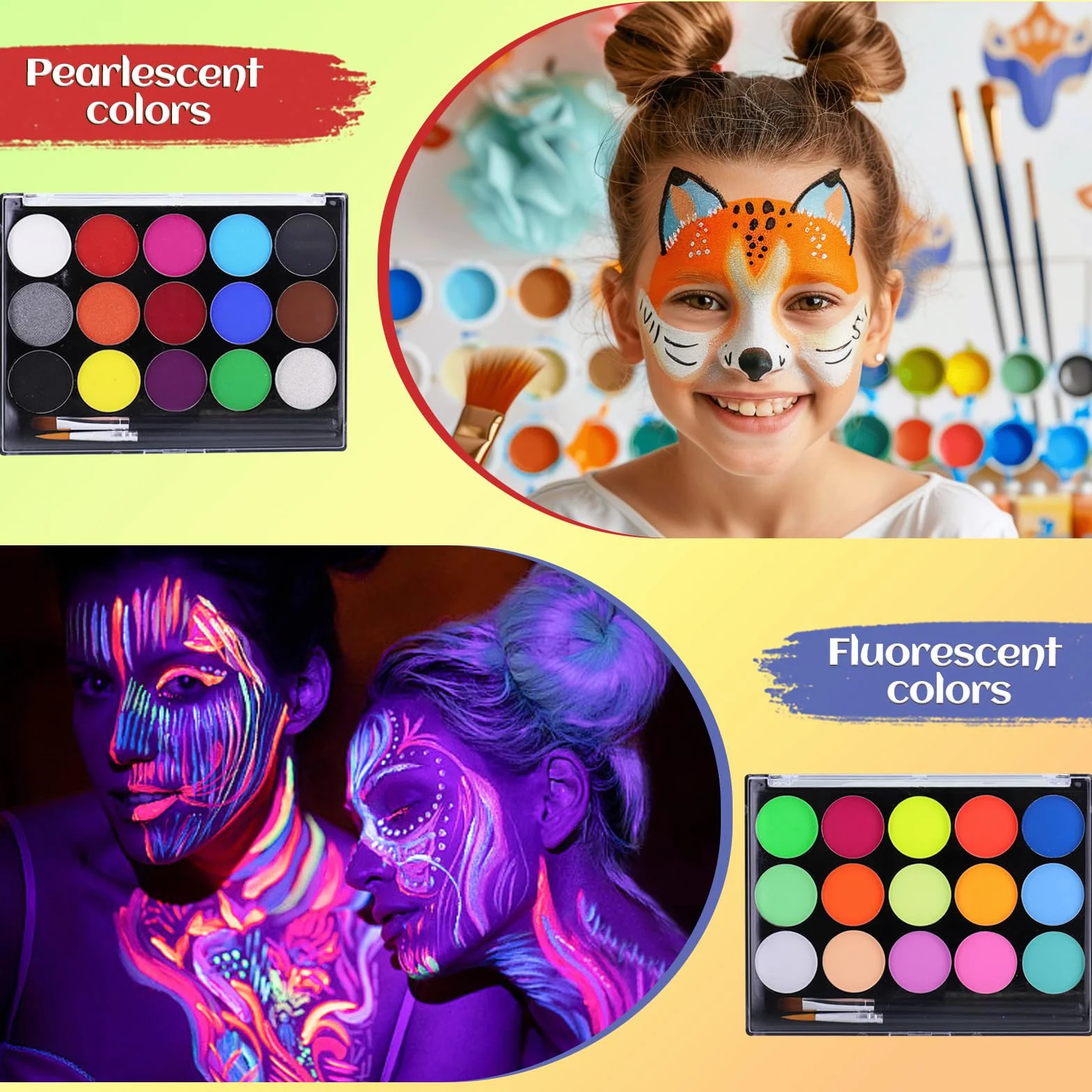 Peinture Corporelle Visage 30 Couleurs Palette Maquillage Enfants avec 4 Pinceaux 40 Pochoirs Bodypainting Halloween Noël Carnaval