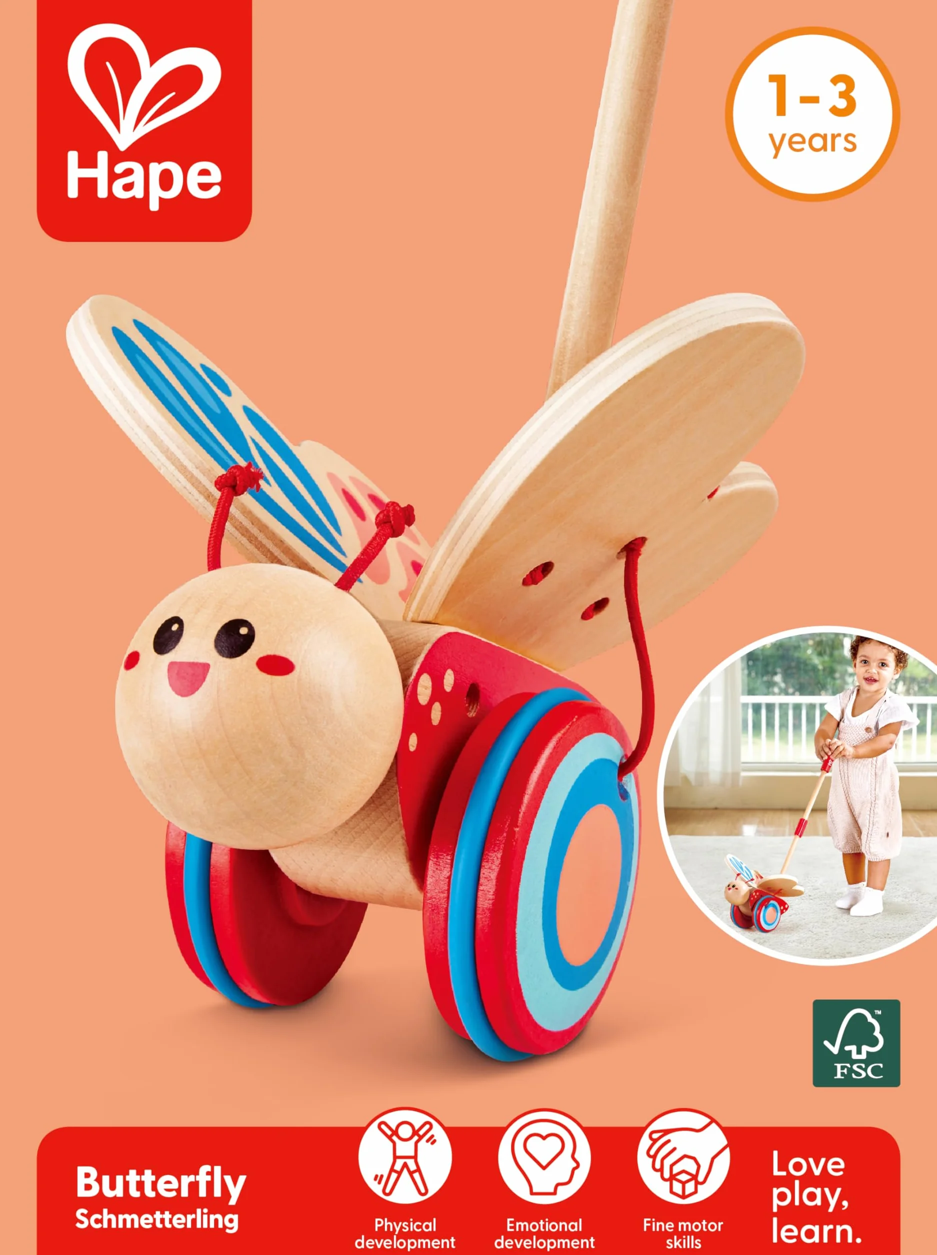 Hape Papillon Jouet en Bois Enfant 1 an et Plus - Jouet à Tirer, Bâton à Pousser