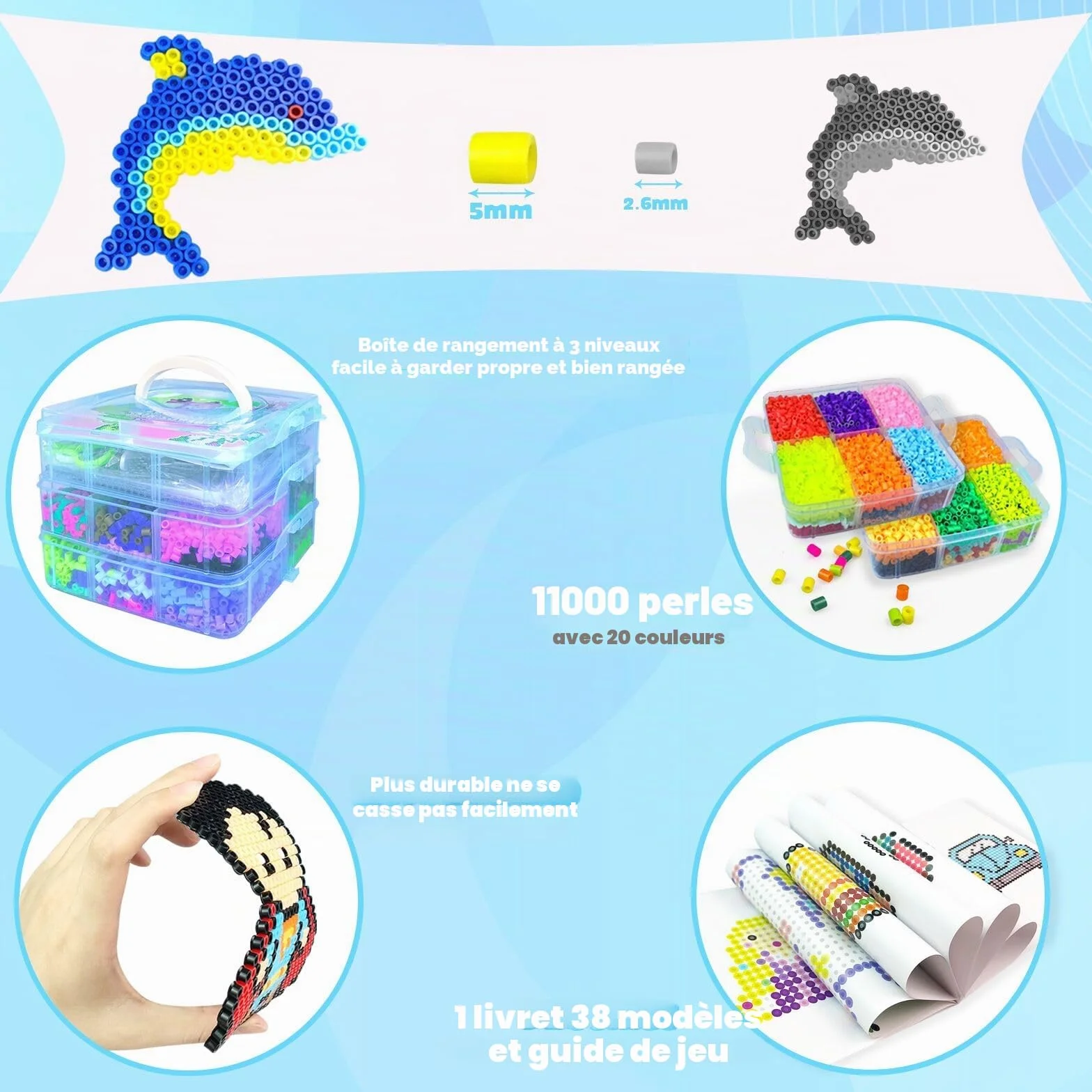 Set de Perles à Repasser 11000 Pièces avec Boîte de Rangement et Plaques, DIY Loisirs Créatifs (5mm)