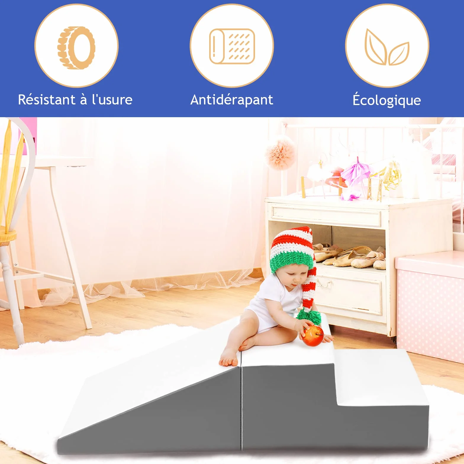 DREAMADE Modules de Motricité pour Enfant, Blocs de Construction en Mousse avec Escalier et Toboggan, Jouets Éducatifs 3+ Ans (Blanc, Gris)