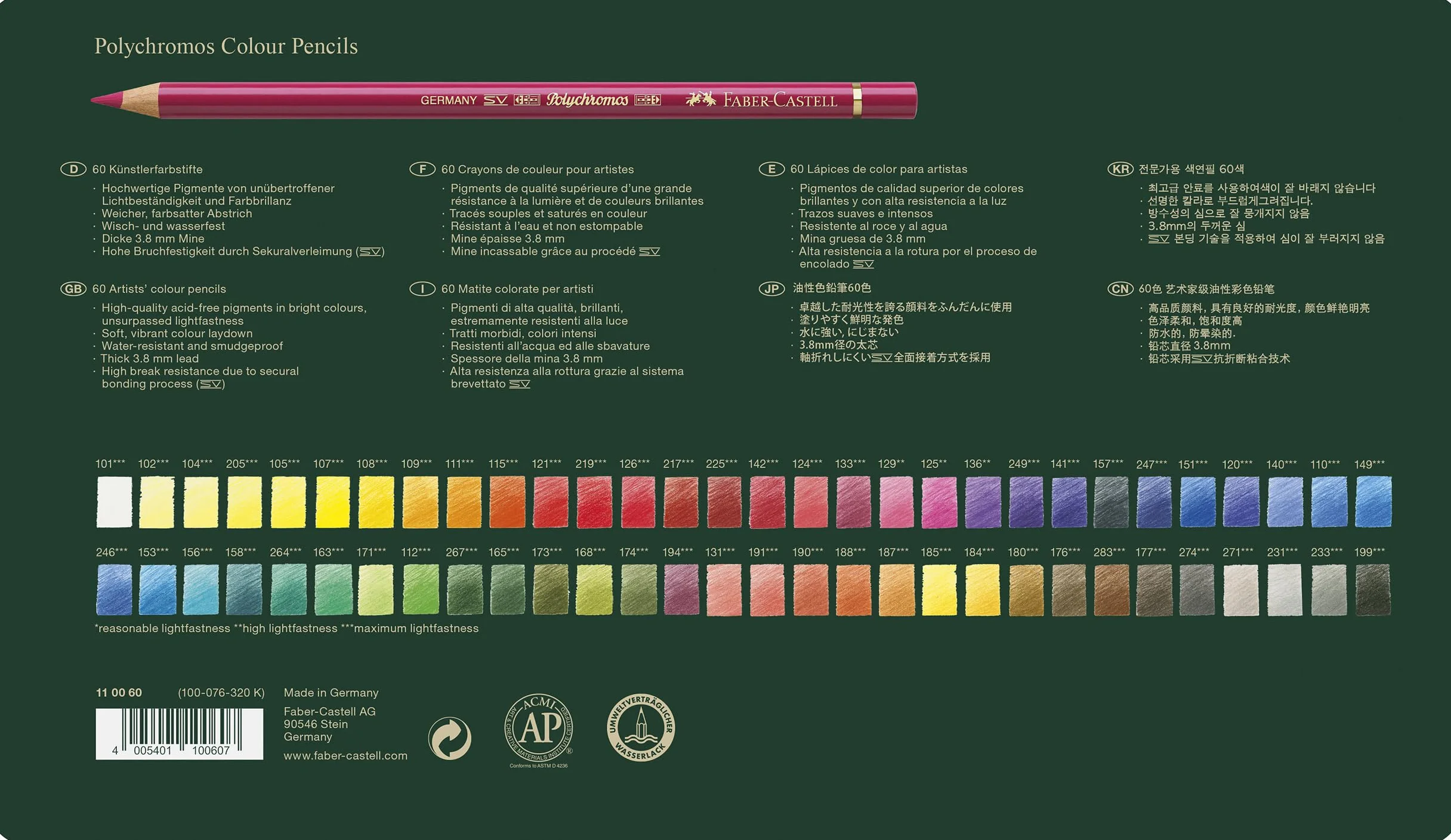 Faber-Castell Polychromos Coffret Métallique 60 Crayons de Couleur 3.8 mm